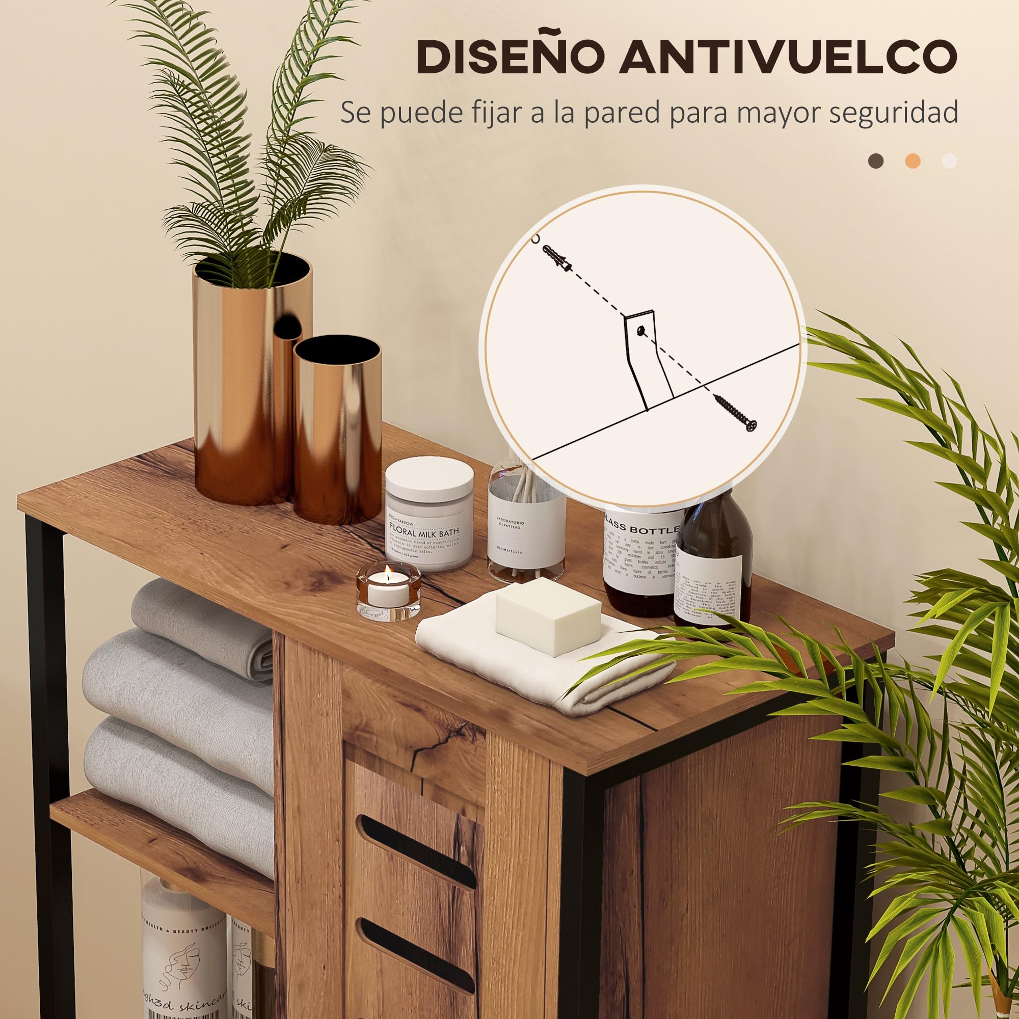 kleankin Armario de Baño Estrecho, Columna de Baño con Puerta de Lamas y 3 Compartimentos Abiertos, Estante Ajustable, para Salón, Dormitorio, Entrada, 60x30x85 cm, Marrón Rústico