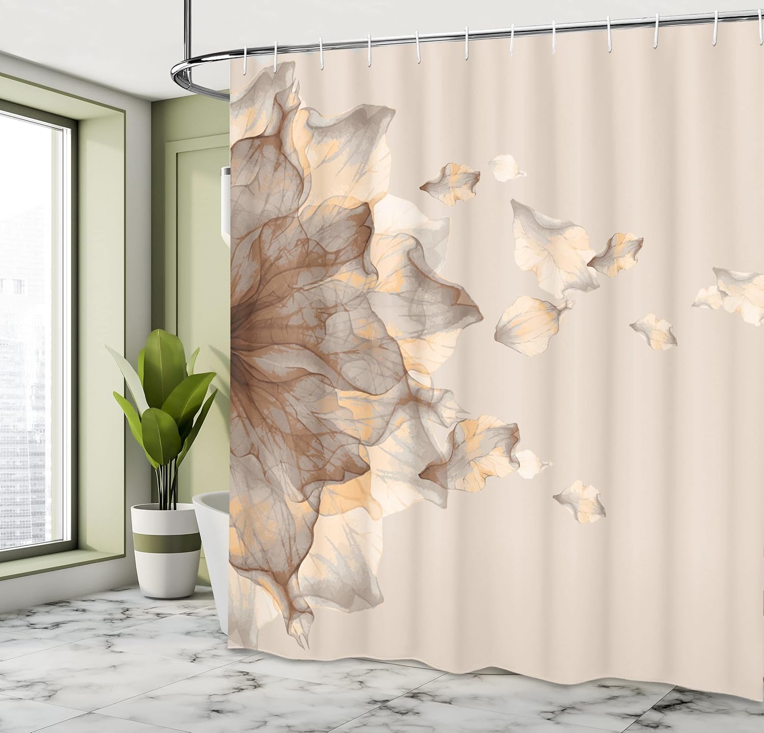Ambesonne Flower Shower Curtain, Abstract Themed Modern Futuristic Image with Water Like Colored Artwork Print, Cloth Fabric Bathroom Decor Set with Hooks, 69" W x 70" L, Champagne