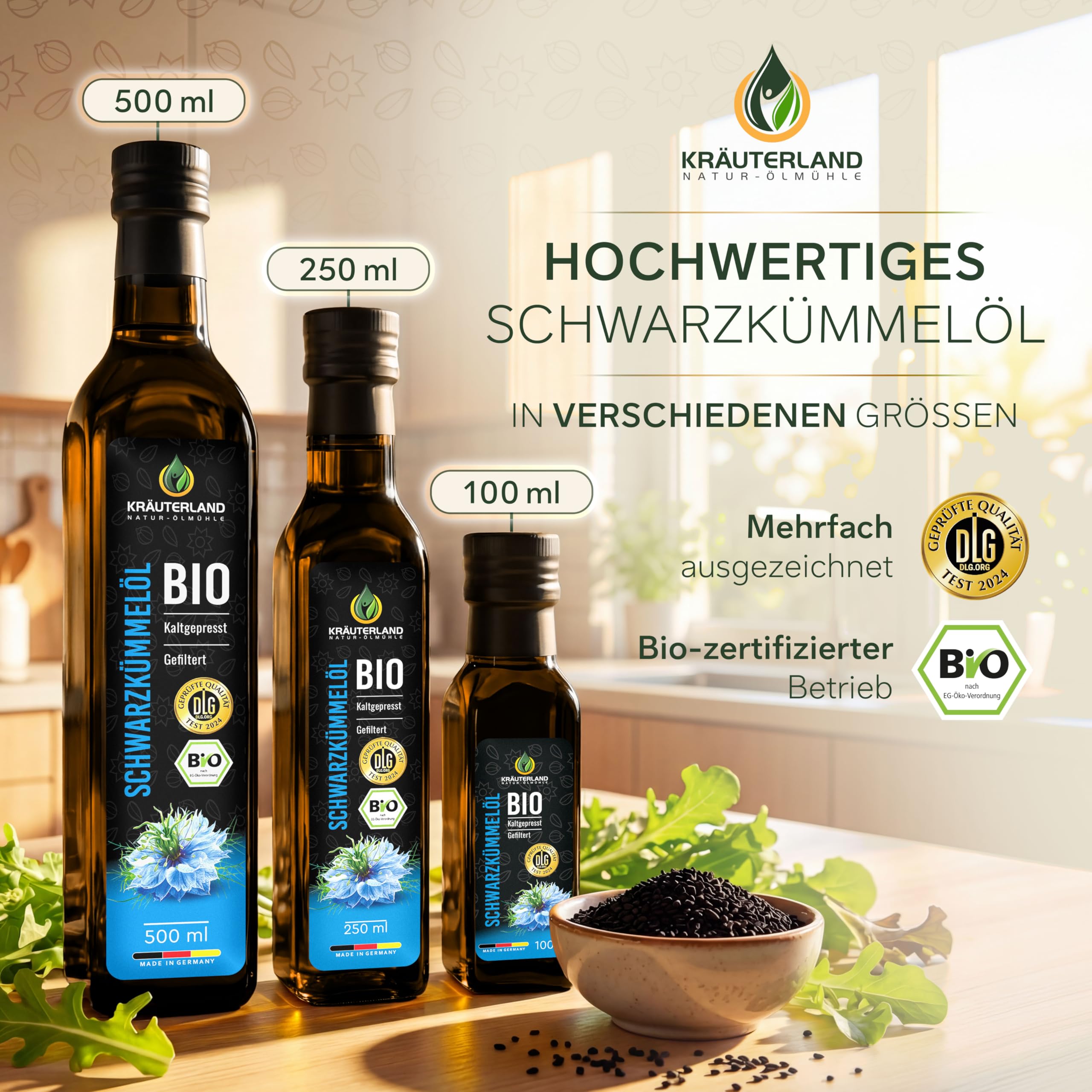 Kräuterland Bio Schwarzkümmelöl 4x250ml (1Liter) kaltgepresst gefiltert naturrein hoher Thymoquinon