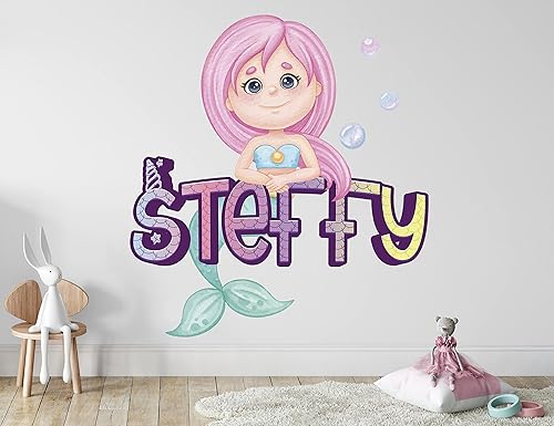 Miniatura 4 de Calcomanía de pared de sirena con nombre personalizado, calcomanías de pared de sirena, decoración de habitación de sirena para dormitorio de niñas,