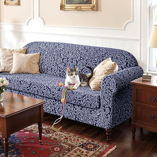 Miniatura 8 de SUBRTEX Fundas para sofá de 2 piezas, jacquard, damasco, de 3 plazas, con cojín de asiento, fundas elásticas para sofá, protector antideslizante de