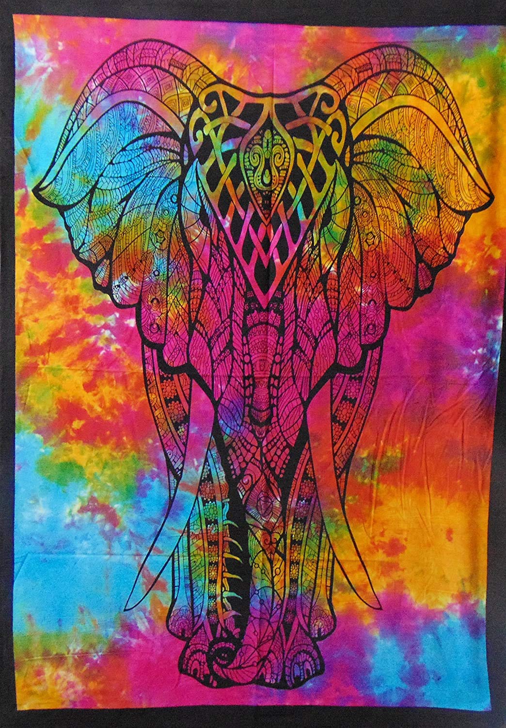 Psychedelic Elephant Front Tie Dye Mandala Tapestry Hippie Hippy Celestial Wall Hanging Indian Bohemian Tapestries (Multicolour, Poster (30x40 Inches))