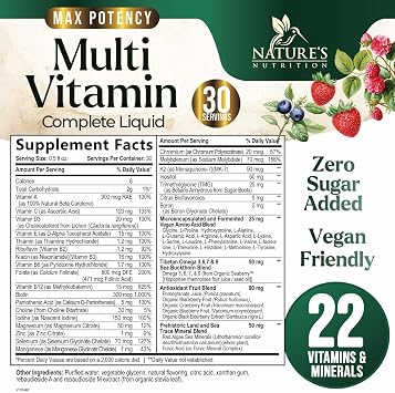 Liquid Multivitamin - Sugar Free Daily Multi Vitamin for Women, Men & Kids, Vitamins A, C, D, B-12, Biotin & Zinc - Supports Faster Hair Growth & Skin Wrinkles, Vegan, Non-GMO, Berry Flavor, 15 Fl Oz