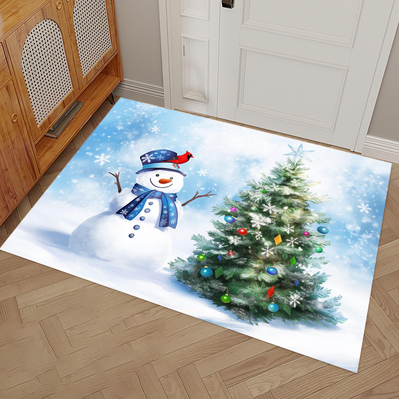 Felpudo Tema Navideño, 90x150cm Alfombra Puerta Muñeco Nieve Árbol Hoja Perenne, Alfombra Navidad Antideslizante para Cocina Pasillo Salón, Felpudo Entrada Casa Decoración