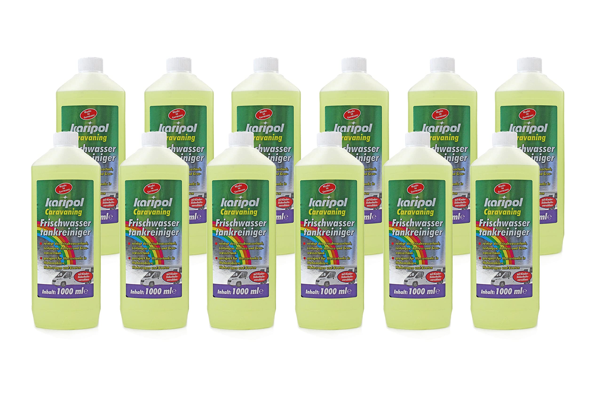 Frischwassertank Reiniger 12 x 1 Liter karipol - reinigt Leitungen, Abwassertank, Abfluss- und Grauwassertank, Pumpen und Boiler, für Wohnmobil Boot Caravan
