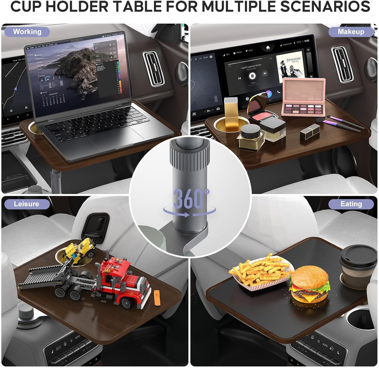 Car Desk Car Tray for Laptop & Food, Wooden Cup Holder Table with Adjustable Height, Car Accessories for Women & Men 360° Rotatable Steering Wheel Tray for Tesla Model Y/3/S, Ford F150 & Most Vehicles
