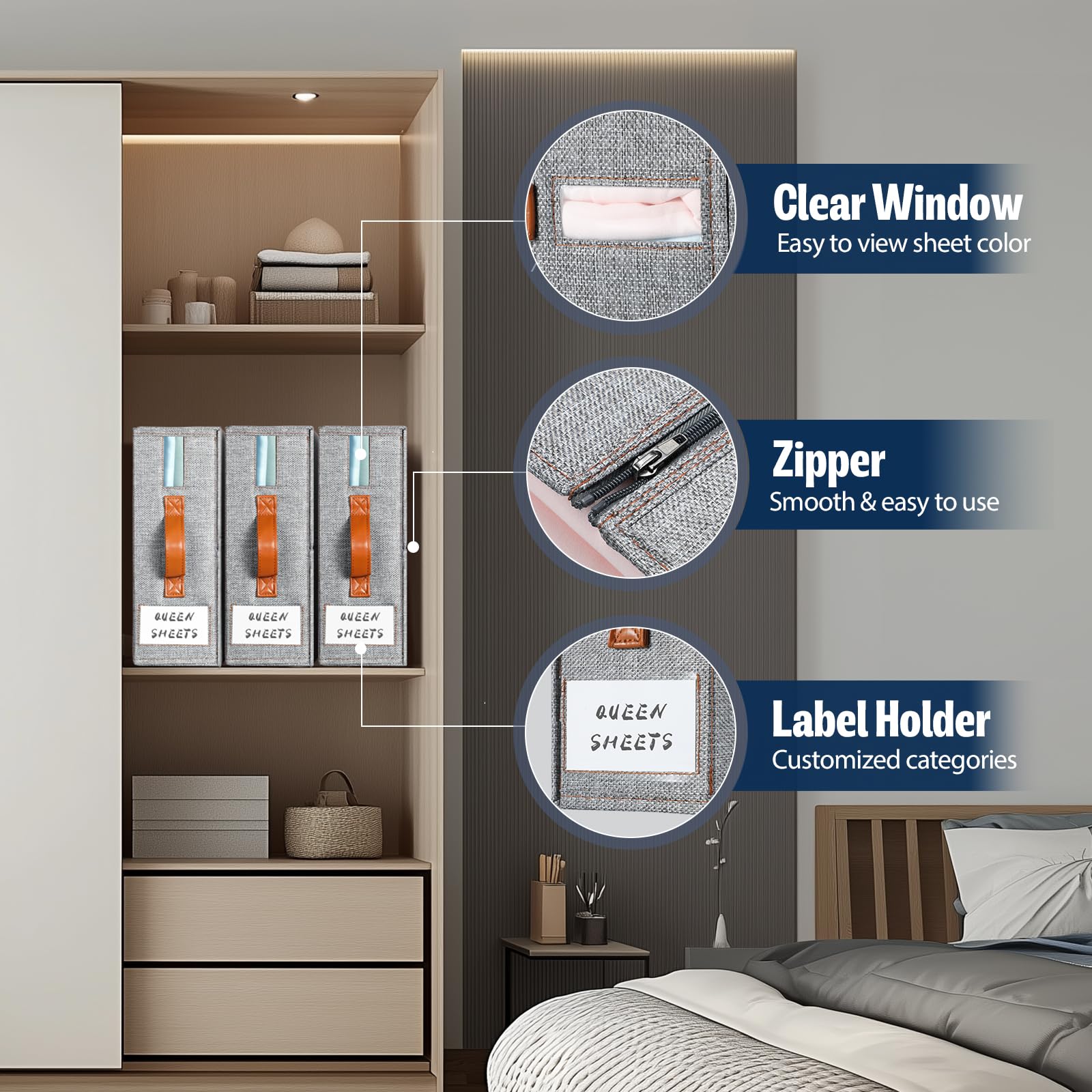 LAMU 4 Pack Bed Sheet Organizers and Storage, Foldable Sheet Organizer for Linen Closet, Sheets Set Folder Keeper with Window XL (Queen & King Size) Organizing Bedding Container, Grey