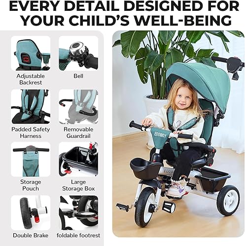 Miniatura 9 de Triciclo para niños pequeños con mango de empuje, triciclo 7 en 1 con asiento giratorio de 360, respaldo reclinable, ruedas todo terreno, frenos