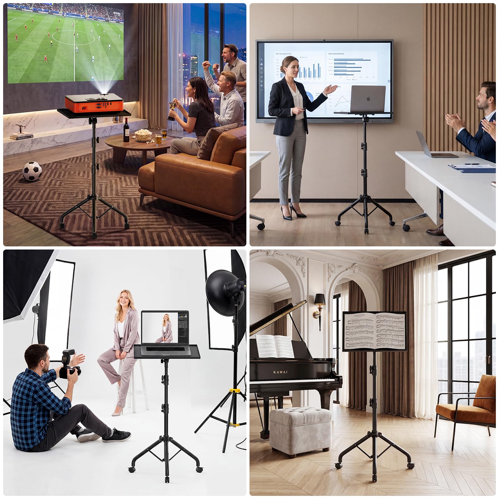Trépied pour vidéoprojecteur réglable en hauteur de 73 à 120 cm, support de projecteur mobile en métal avec roues verrouillables – Pour home cinéma, entreprise et extérieur