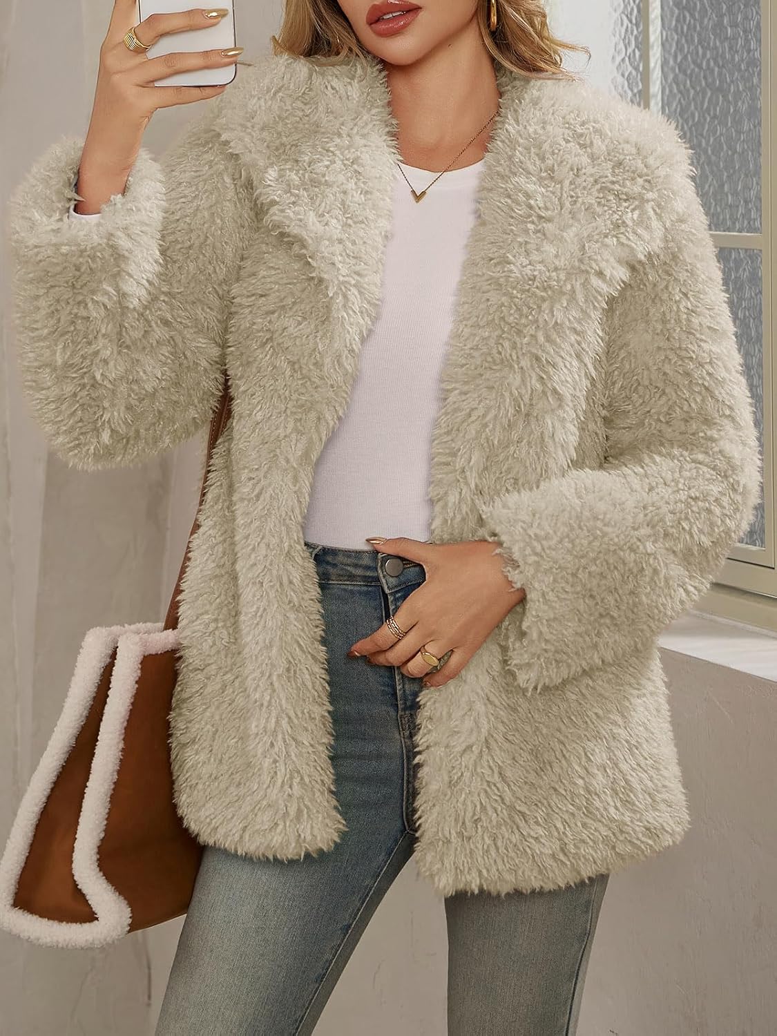 Tankaneo Womens Oversized Faux Fur Coat Lapel Collar Open Front Fuzzy Jackets Winter Warm Fluffy Outerwear - Image 2