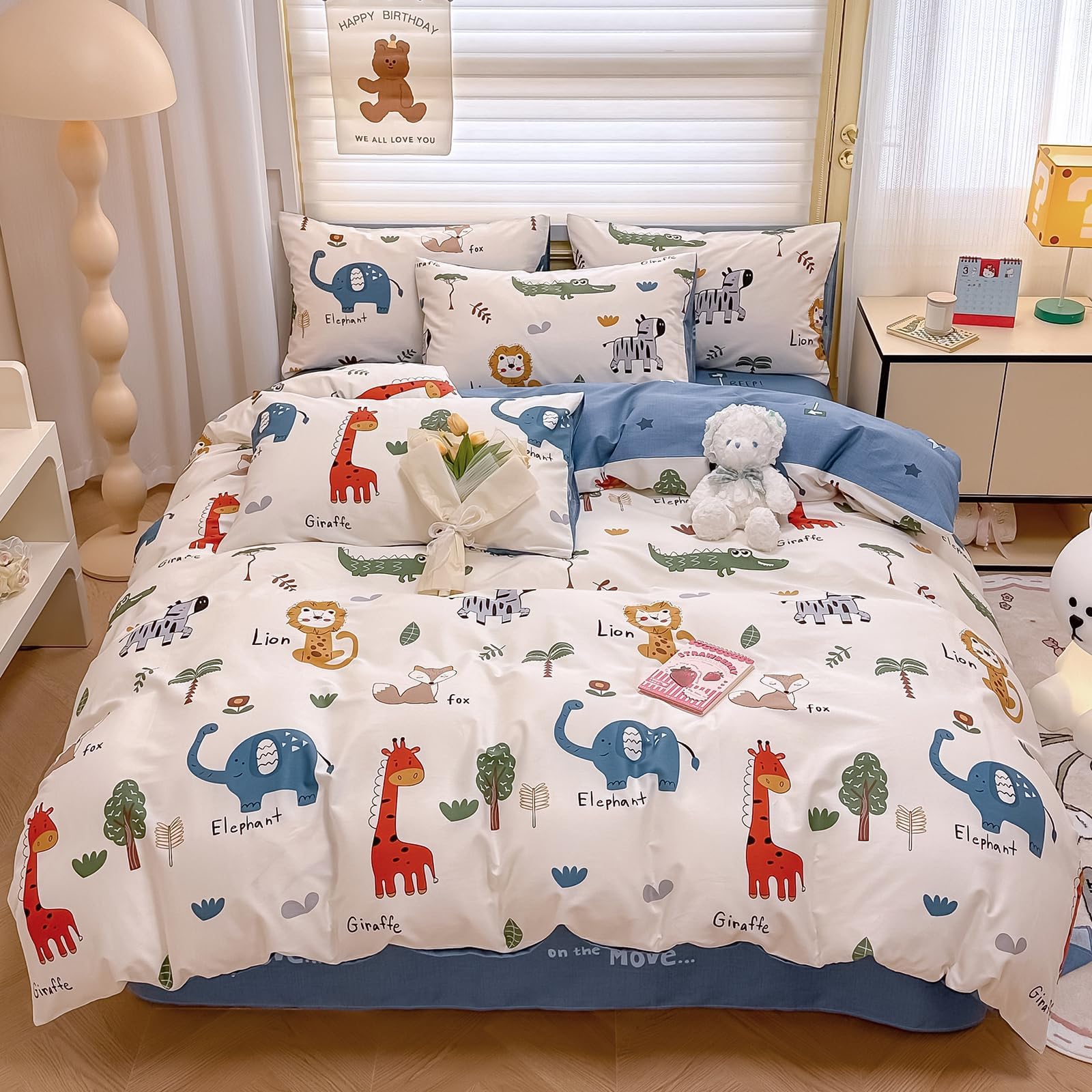 Kids Duvet Cover Twin Size, 100% Cotton Zoo Animals Duvet Cover Set for Boys Girls, Cartoon Lion Giraffe Elephant Print, Soft Breathable Bedding Set(1 Duvet Cover+1 Pillowcase)