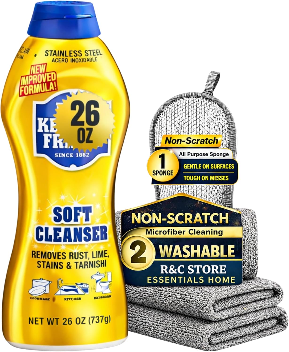 Bar_Keerpe_Friend Soft Cleanser (26 oz) Bundle With 2 Professional Microfiber Cleaning Cloth 12" x 12" and 1 Scrub Sponges | Home Cleaning Supplies Kit | ULTIMATE CLEANING KIT | By R&C Store