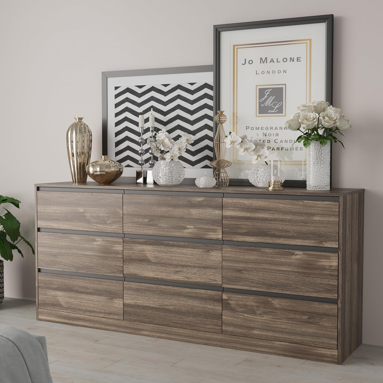 70.9" W Long Bedroom Dresser with 9 Drawers, Wooden Chest of 9 Drawers with Large Capacity Storage, Modern Handle Free Walnut 9 Drawer Dressers for Living Room (15.7" D x 70.9" W x 31.3" H)
