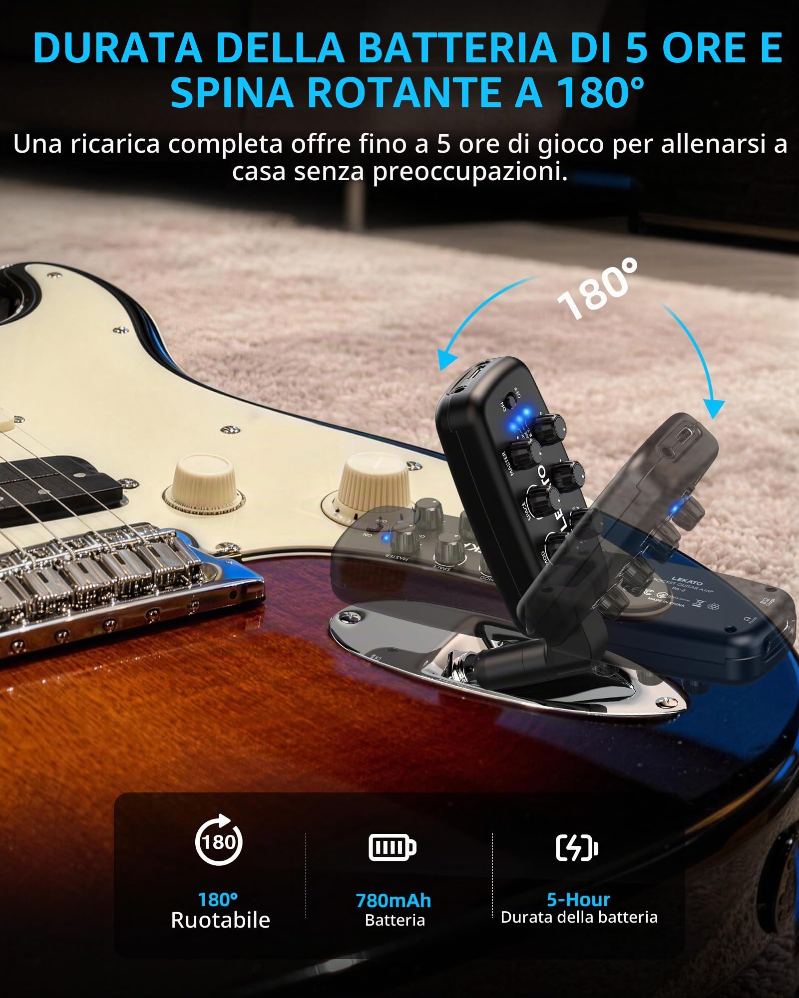 LEKATO Amplificatore per Cuffie da Chitarra, Amplificatore Portatile Plug-in per Pratica per Chitarra Elettrica e Basso, 9 Modelli di Amplificatore e 6 Effetti, Bluetooth 5.0, Spinotto Rotante a 180°