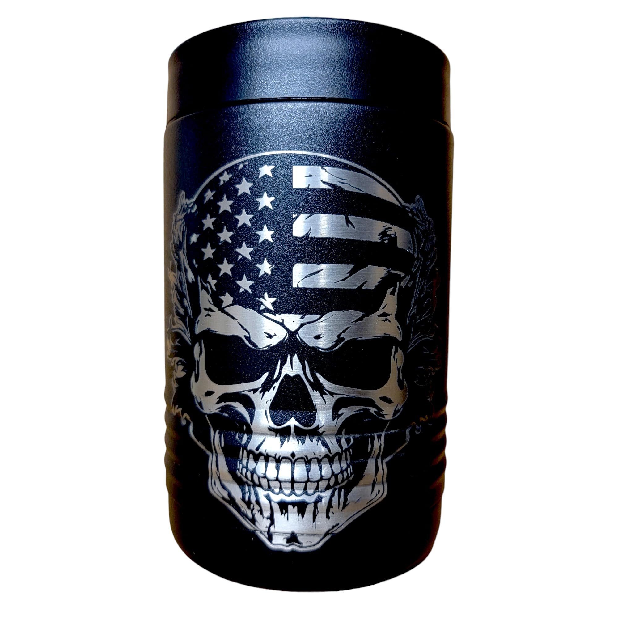 Skull Flag American FlagDouble Walled Stainless Steel Insulated Can Cooler – Holds 12 or 16 oz Cans or 12 oz Bottles - Two-Sided Engraving - Includes USA Flag Sticker (Skull Flag)