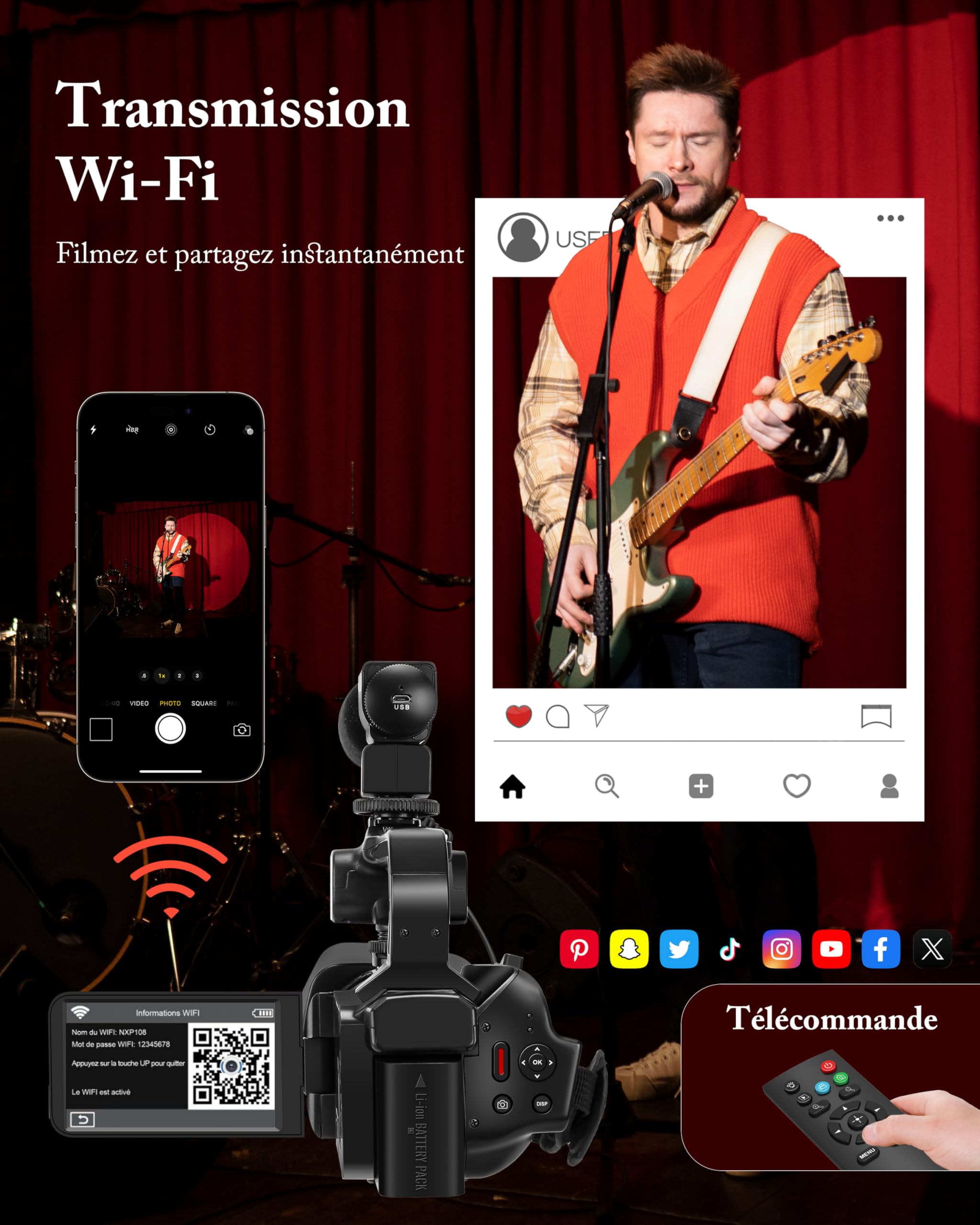 Caméscope 6K 64MP WiFi Vision Nocturne Infrarouge 18X Zoom Numérique avec Pile 4500mAh, Carte SD 64 Go