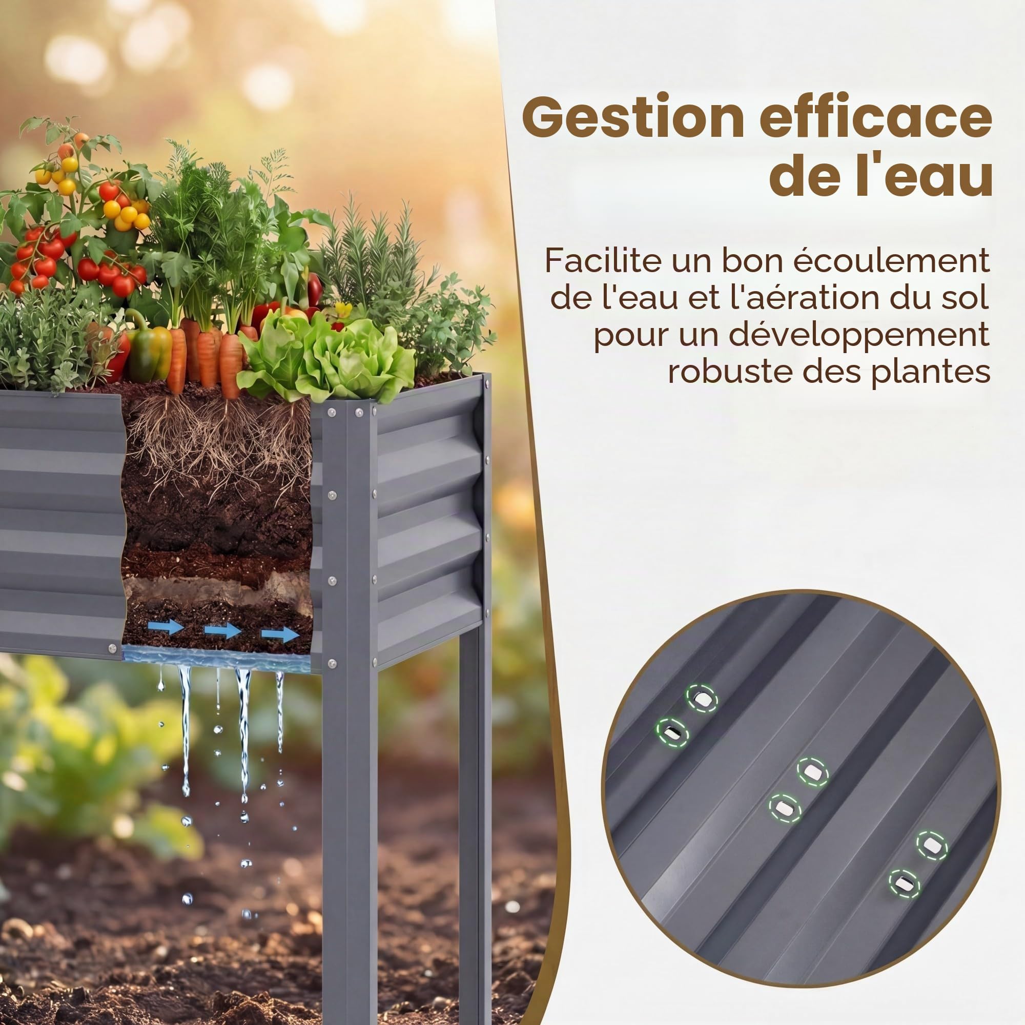 HOMASIS Jardiniere sur Pieds en Métal 142L, Potager Surélevé avec Trou de Drainage, Patins Antidérapants&Barres Renforcées, Table de Culture pour Légumes&Fleurs, Jardin&Balcon, 112x55x152cm (Gris)