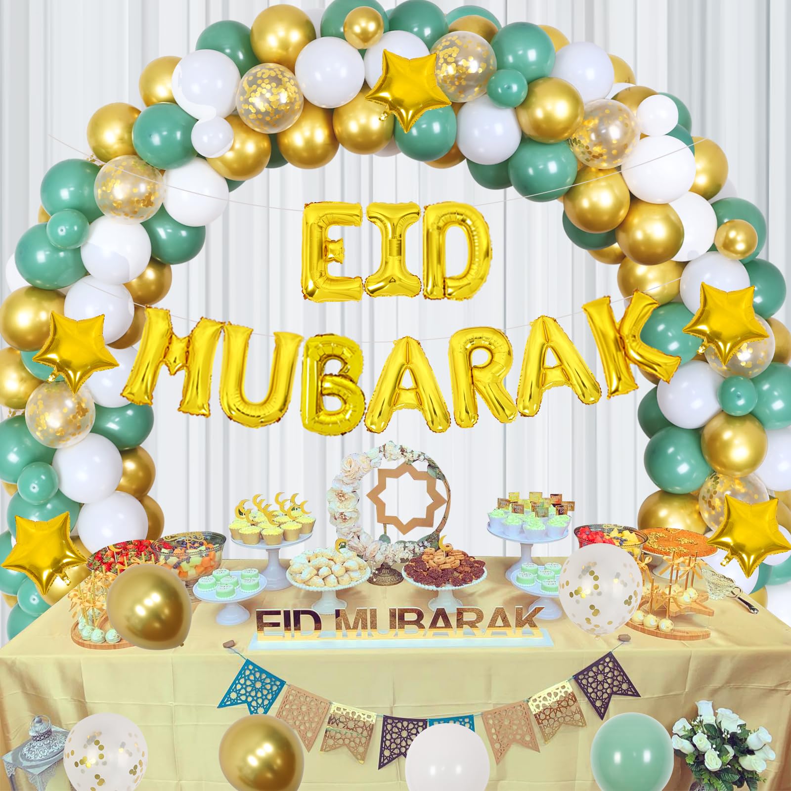 144pcs Eid Mubarak Balloon Arch Kit, Ramadan Eid al-Adha Decorations, Turquoise Teal Blue Purple Gold Moon Twinkle Star Balloons Garland, Happy Eid al-Fitr Party Muslim Islamic EID party for Home