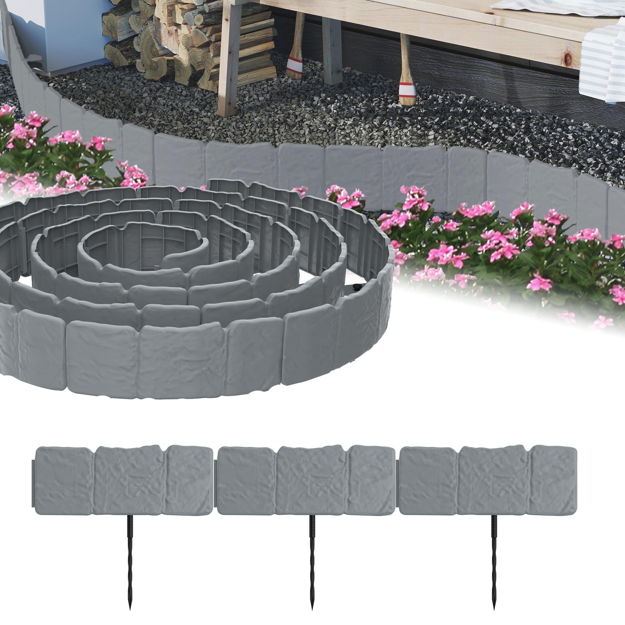 SUBTLETY Rasenkante Kunststoff 20m für Harten Steinigen Boden, Flexibel Beeteinfassung mit Bodennägeln 10cm Höhe Steinoptik Beetumrandung für Garten (Grau)
