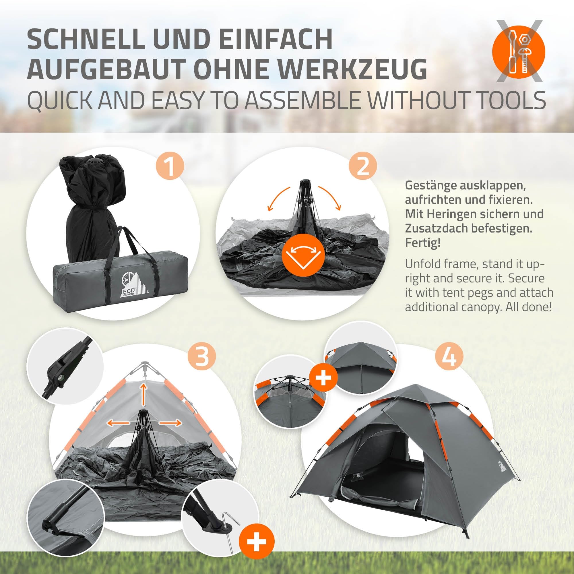 ECD Germany Namiot 3-4 Osobowy Pop-Up Campingowy, Lekki Dwuwarstwowy Namiot Outdoor Kopulowy z 2 Wejsciami, Wodoodporny i Wiatroodporny Namiot Rodzinny z Torba na Camping i Wedrówki, Zielony/Szary