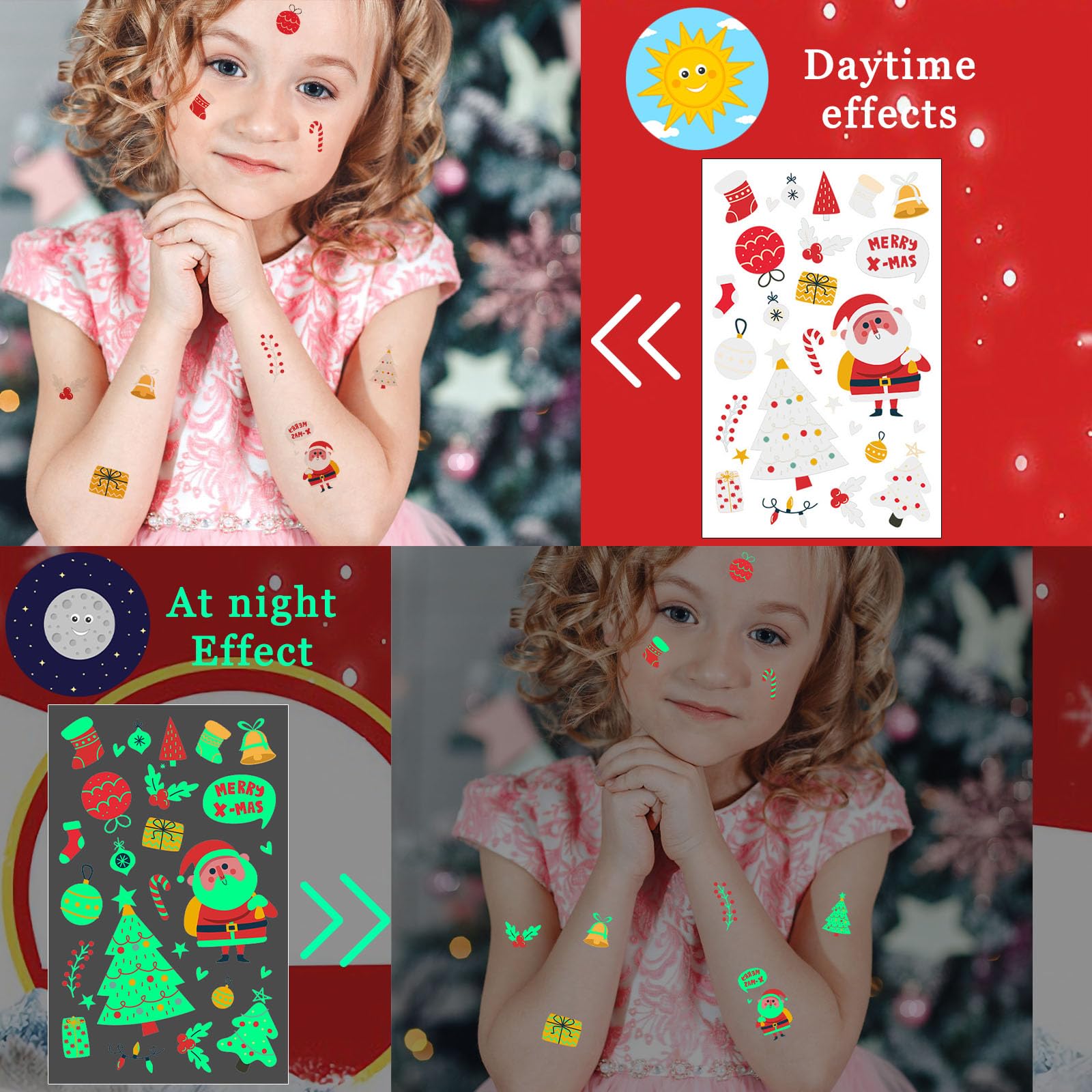 100 Tatuajes Temporales Fluorescentes De Navidad – Calendario De Adviento Y Decoración Luminosa Para Niños | Tatuajes De 4x4 Cm De Árboles, Campanas Y Regalos Con Brillo En La Oscuridad | Fáciles De Aplicar Y Duraderos