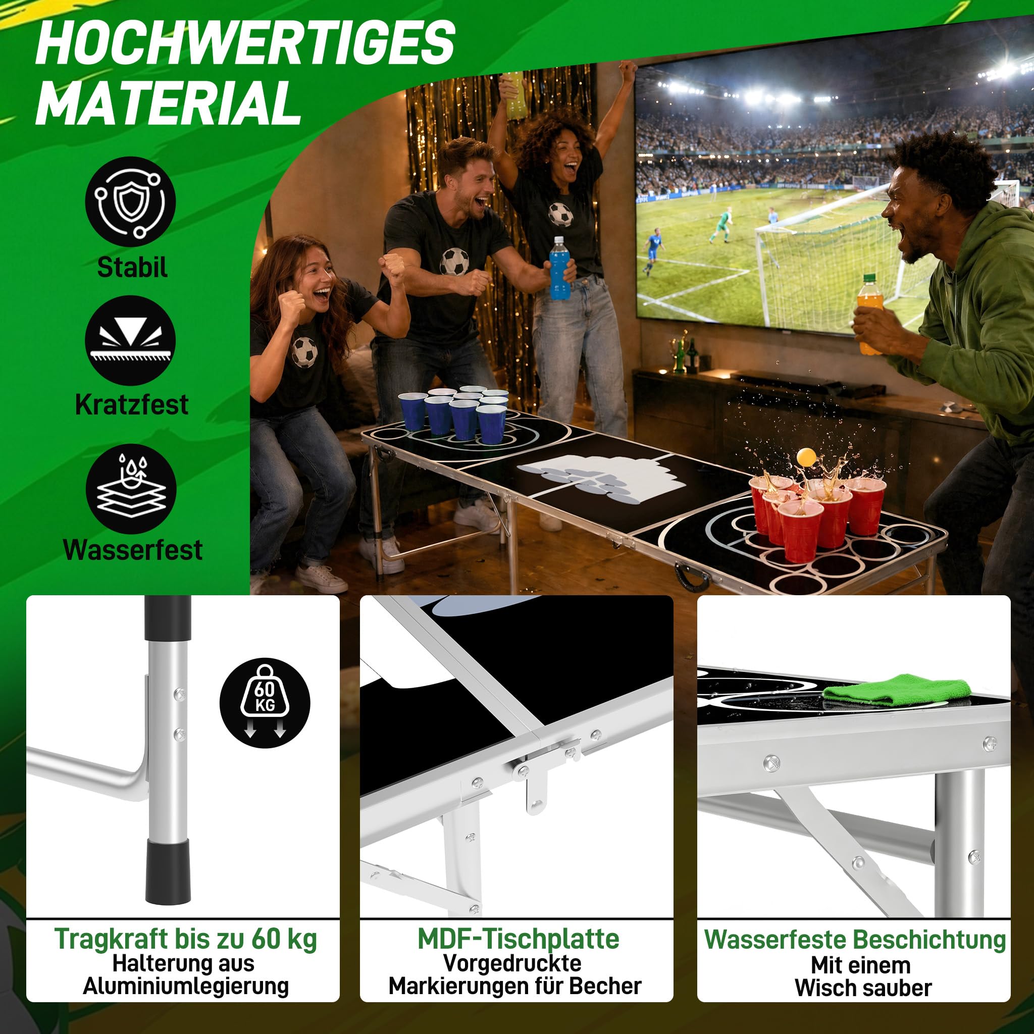 HENGMEI Beer Pong - Set da tavolo pieghevole con 100 bicchieri (50 rossi e 50 blu), 5 palline, giochi di lancio per l'estate e festival, giochi di festa, colore nero