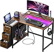 LunarLight PCパソコンデスク 幅108奥行き80高さ71.8cm テレワーク L型デスク・左右組み換え自由 3段調節モニター台（10～33.5cm対応） 引き出しとコンセント付き 収納たっぷり ゲーミングデスク オフィスデスク 書斎 収納ラック付き (幅108㎝，ヴィンテージ)