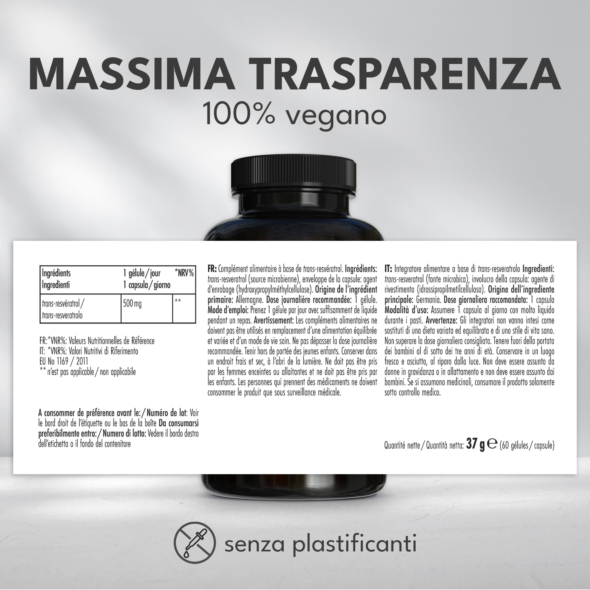 Green Naturals® Trans-Resveratrolo 500 mg – Purezza >98% – 2 mesi – Ottenuto da fermentazione con lieviti – Vegano e senza additivi – Prodotto in Germania – 60 capsule