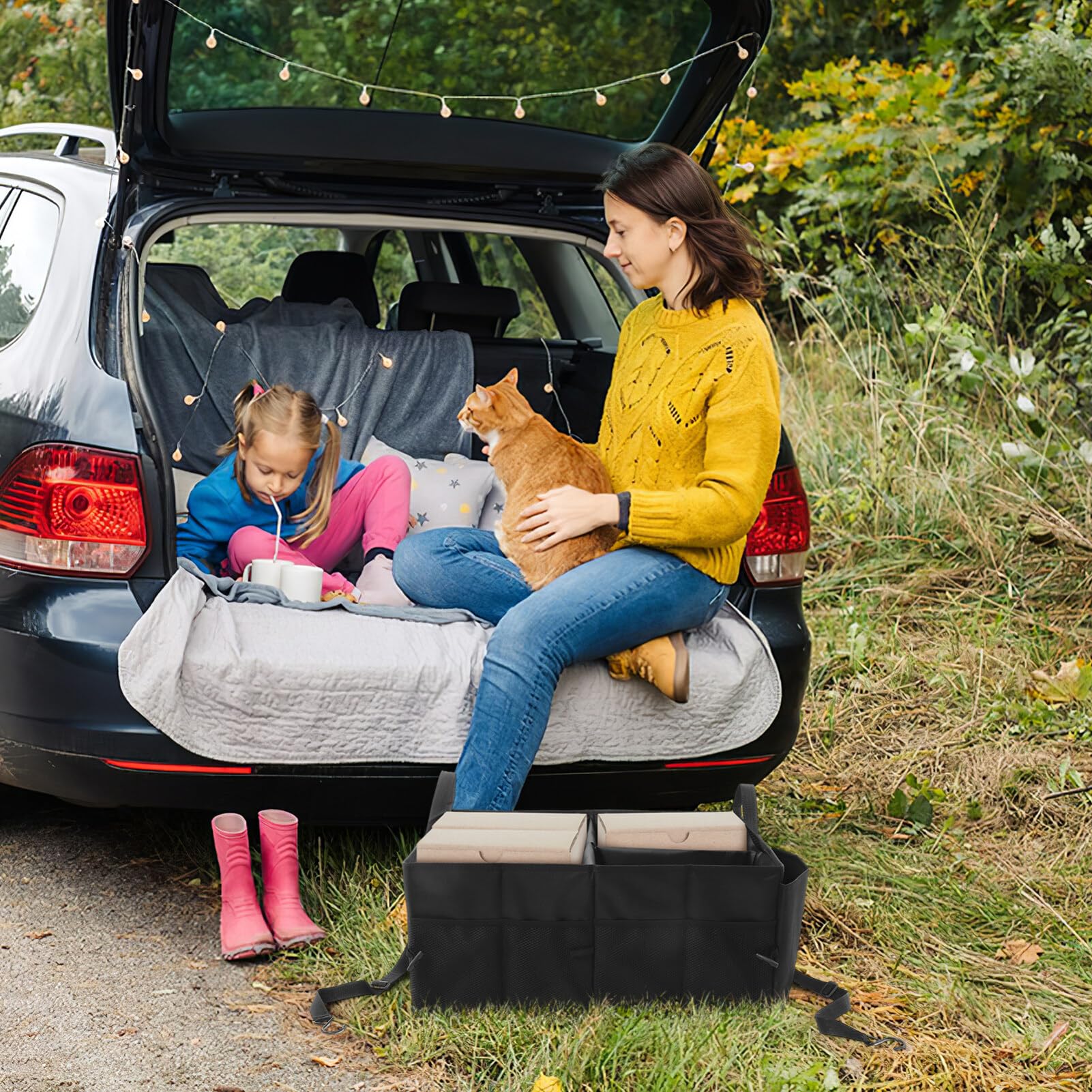 Organisateur de Coffre de Voiture Noir Pliable en Polyester Grande Capacité