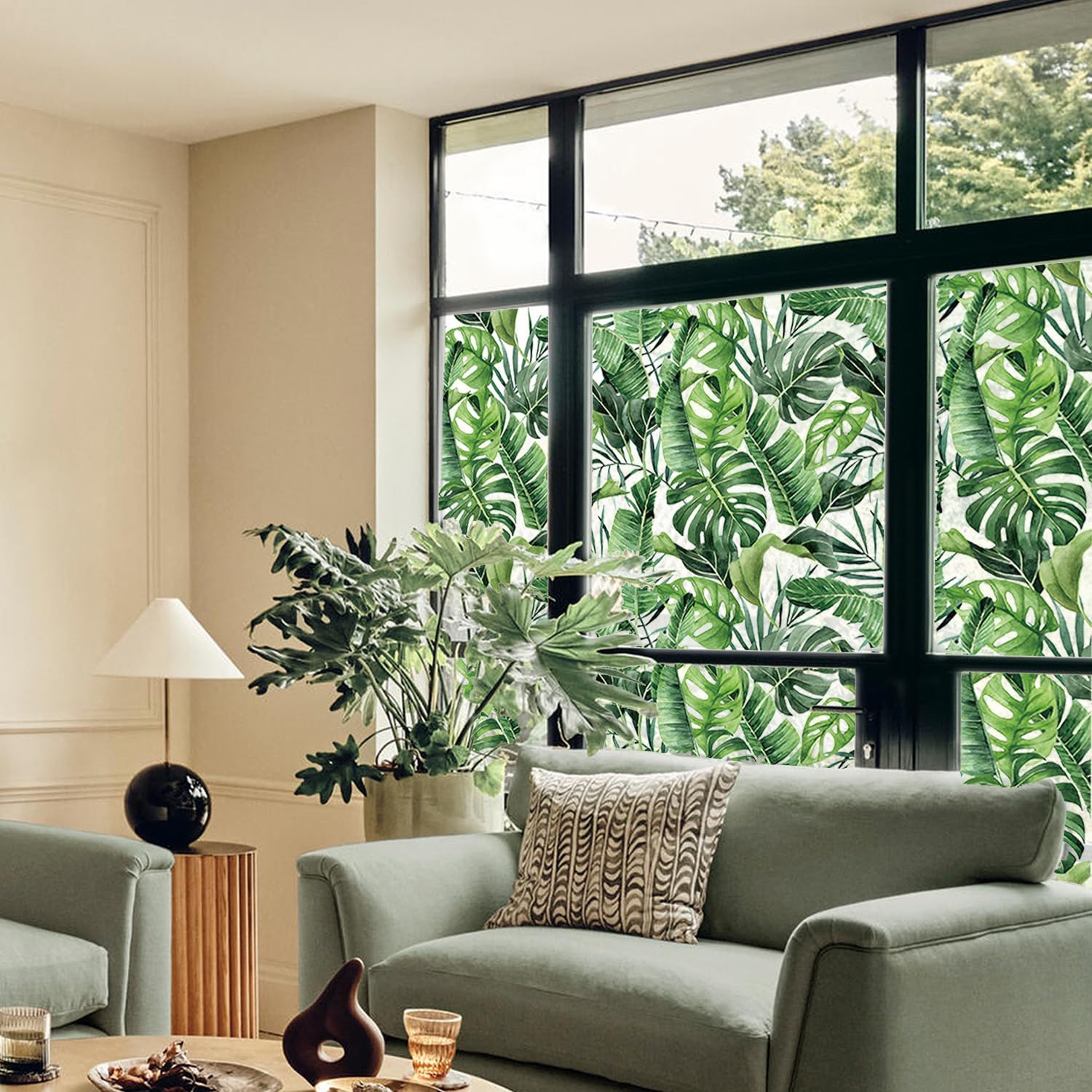 Botanical Double-Sided Frosted Textured Privacy Stained Glass Window Film, Non-Adhesive Watercolor Static Cling Glass Covering Sticker Removable Window Decor, Palm Leave