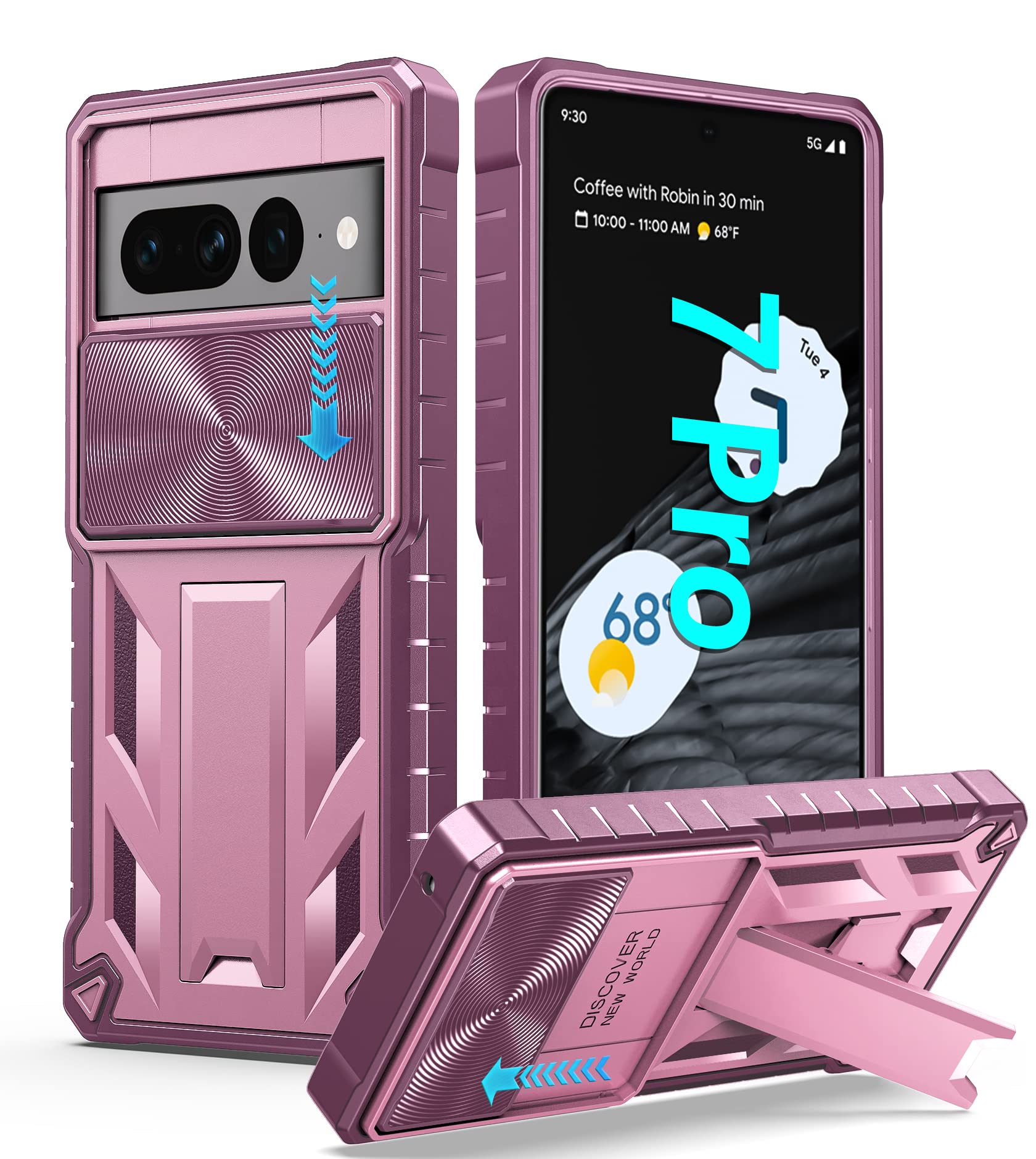 for Google Pixel 7-Pro Phone Case: Drop Proof Protection Cover with Kickstand | Matte Textured Shockproof TPU | Protective Sturdy 5G Bumper Case - Pink Purple