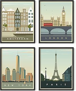 HAUS AND HUES City Wall Art Vintage Travel Posters - Set of 4 Travel Wal...