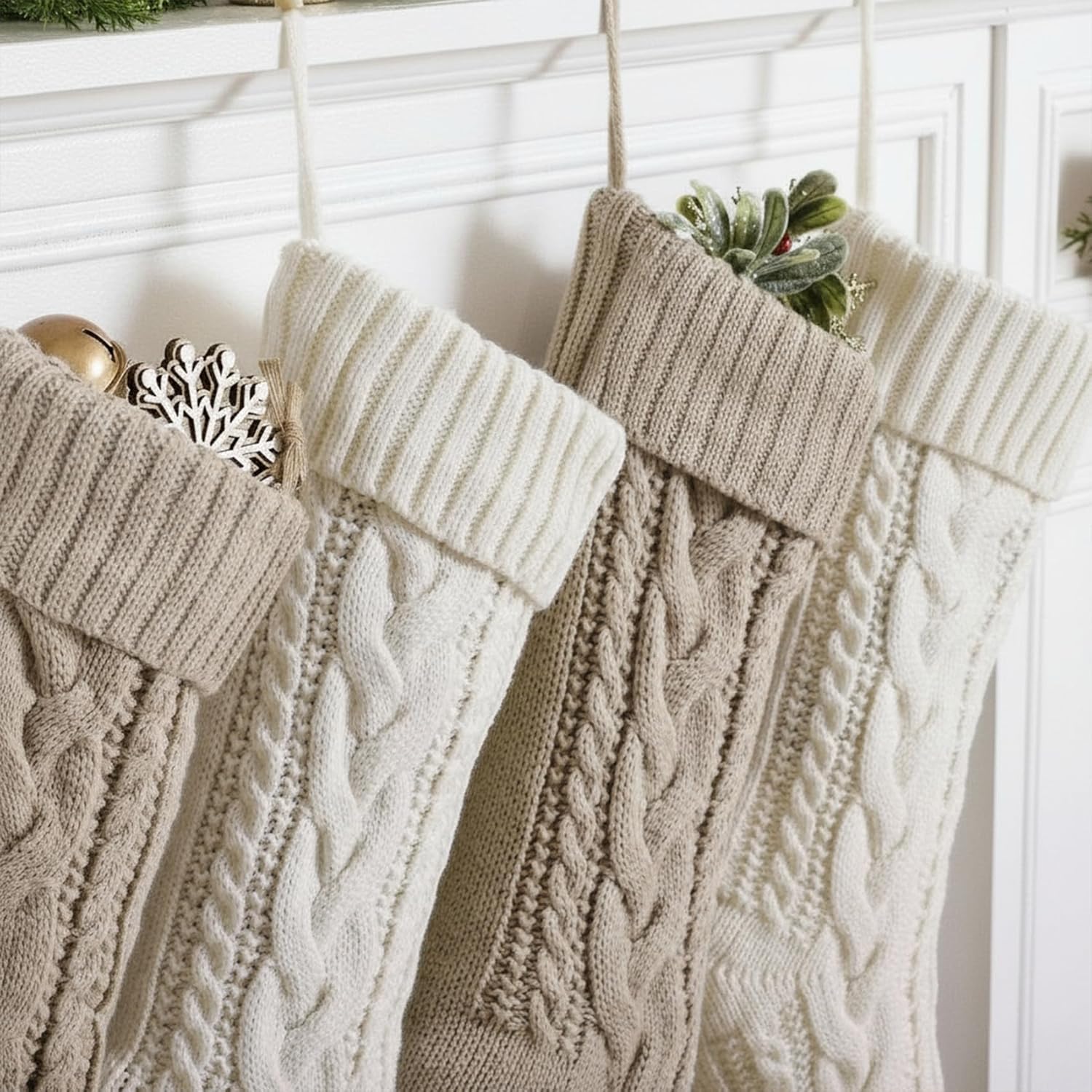 ELEGANTPARK Christmas Stockings 4 Pack Knitted Flaxen White Christmas Stockings Large Xmas Decoration for Holiday Fireplace Hanging Holiday Decoration for Family Kids Xmas 18 Inch