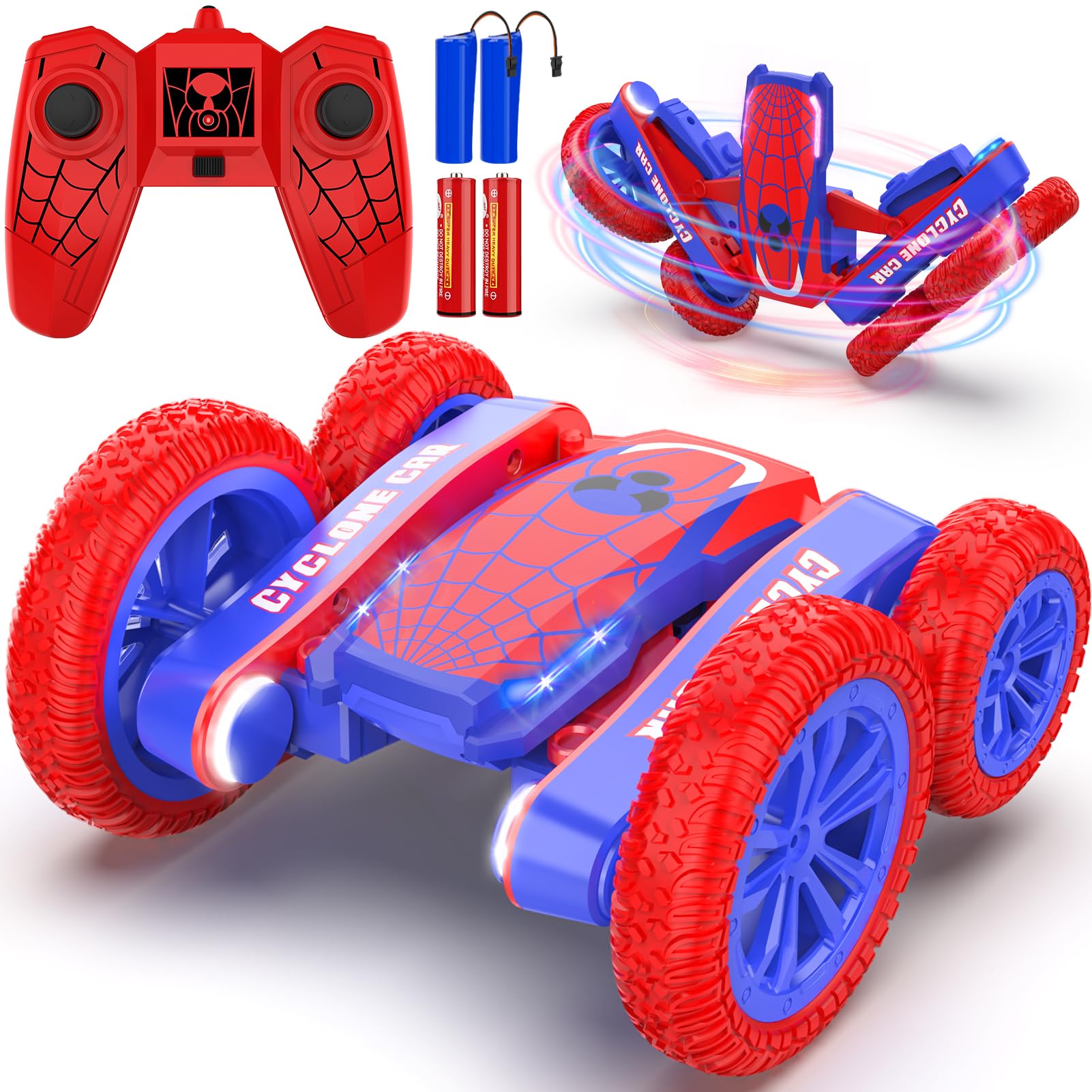Spider Remote Control Car for Kids - 2.4Ghz Fast RC Stunt Cars, 360° Rotating 4WD RC Crawler with Lights, Rechargeable Car Toy for Boys Ages 6 7 8 9 10 Birthday Blue&Red
