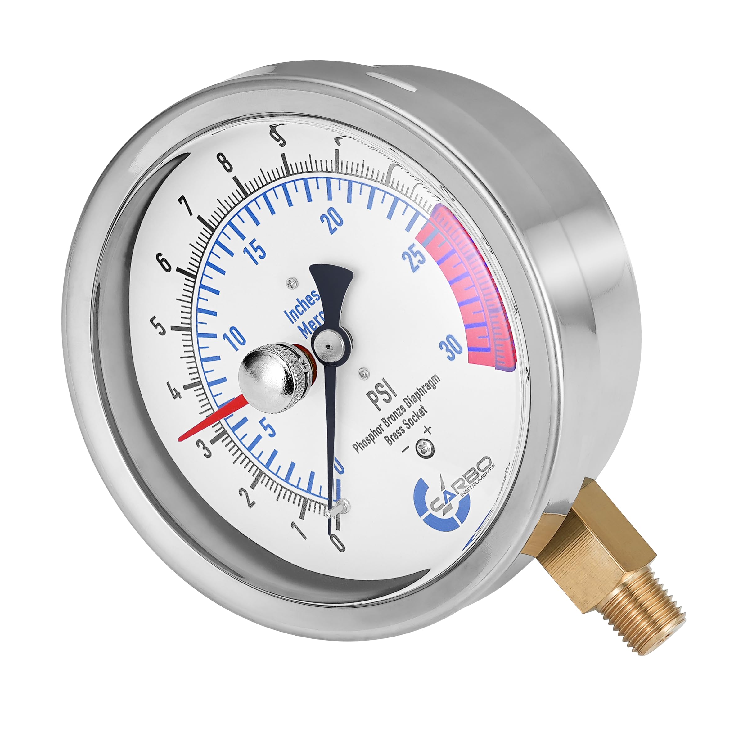CARBO 4" Gas Test Pressure Gauge - 15 PSI / 30" Hg, 3/4" NPT, Stainless Steel Case, 1% Accuracy - View #2