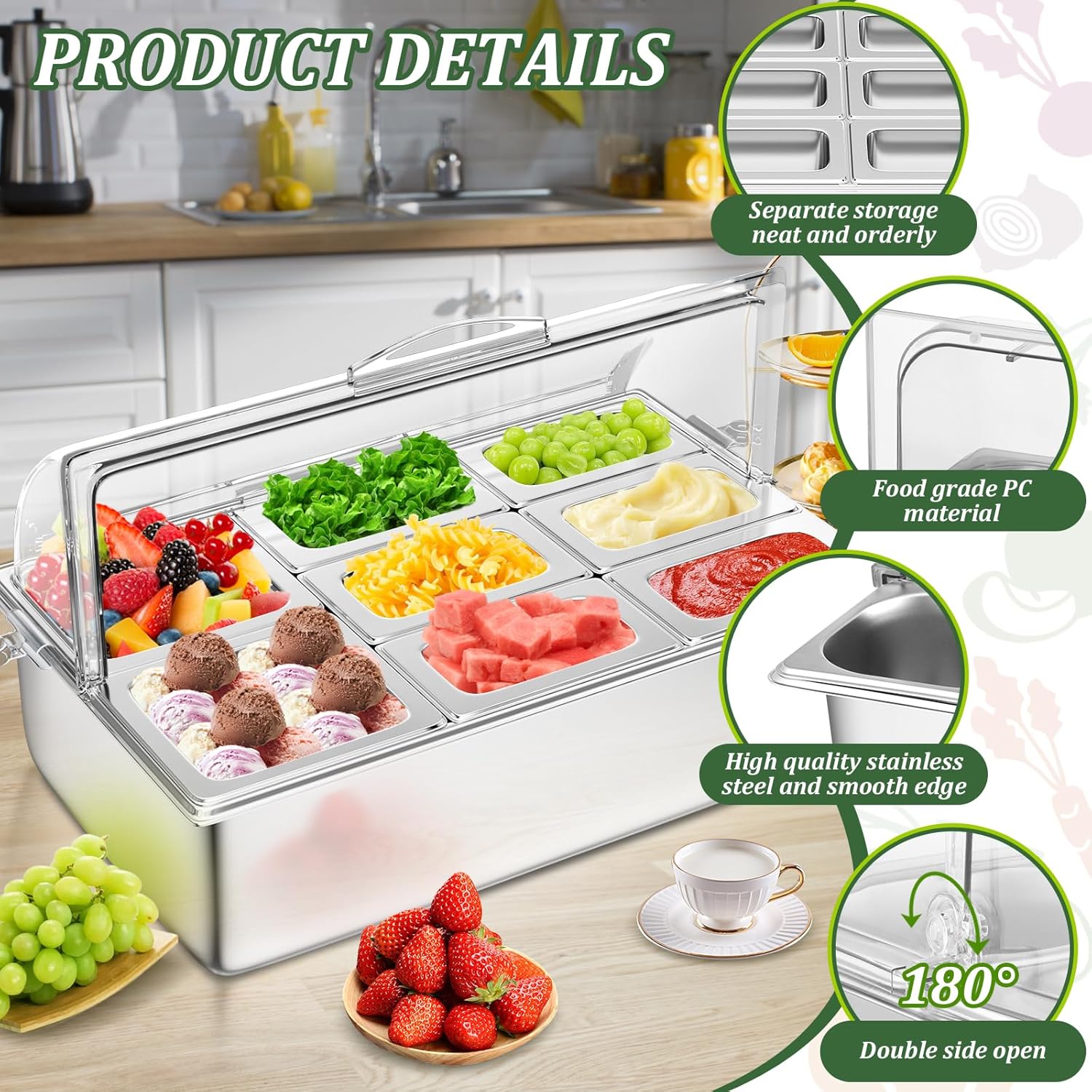 Countertop Food Serving Display Container with Clear Roll Top Cover, Stainless Steel Salad Serving Tray Condiment Dispenser Ice Food Serving Display Tray for Buffet Restaurant Kitchen Party(8 Pan)