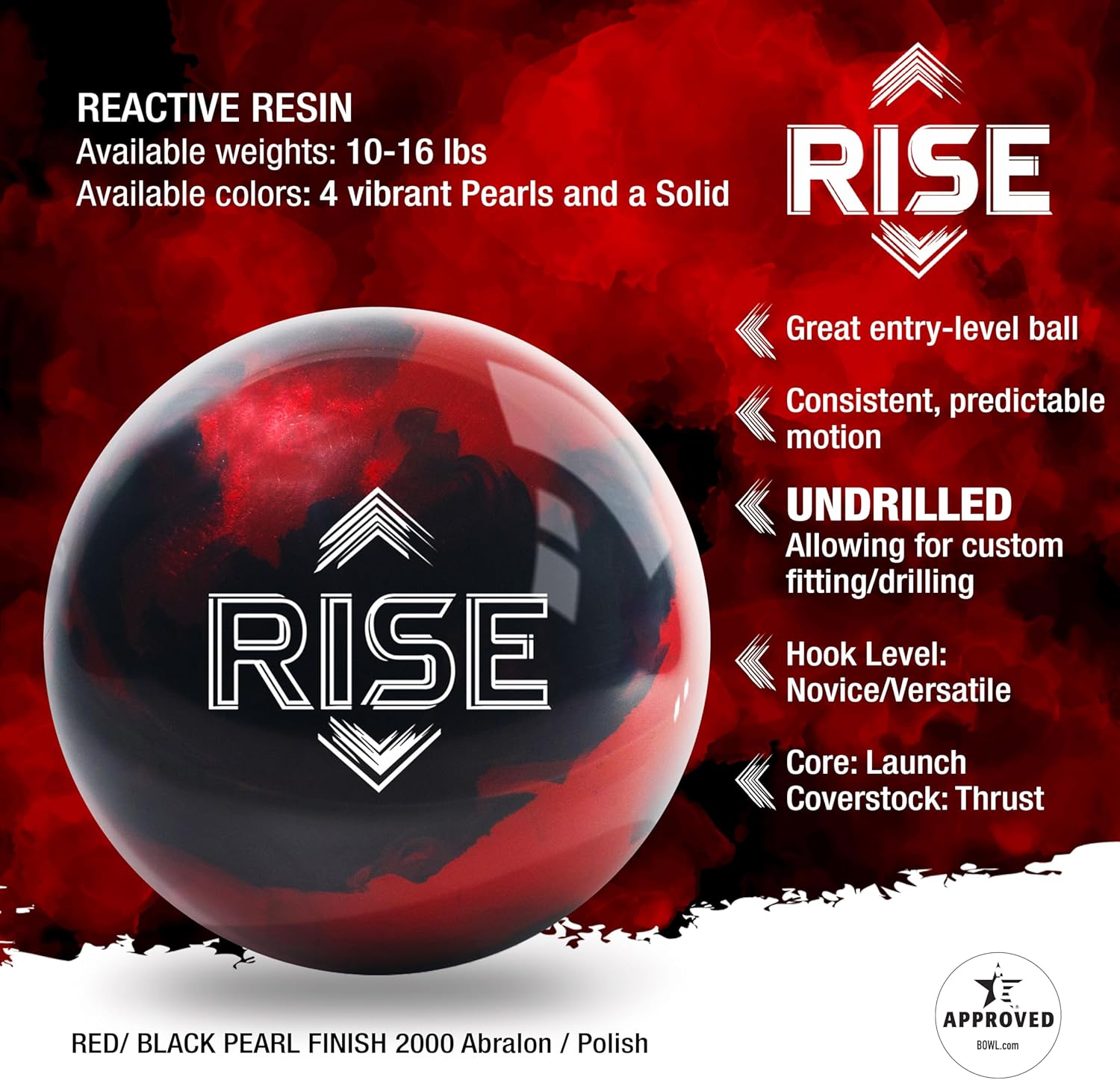 KR Strikeforce Rise Reactive Performance Undrilled Bowling Ball for Dry to Medium Lanes and Available in 5 Designs and 7 Weights