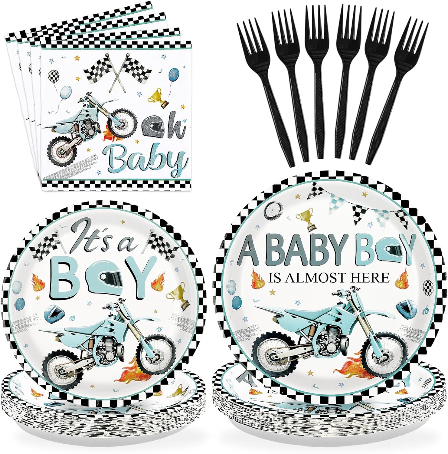 96Pcs Motorcycle Birthday Party Decorations Dirt Bike Motocross Plates and Napkins Tableware Set Watercolor Motorbike Decorations Favors for Boys Kids Baby Shower Birthday Party Supplies Serves 24