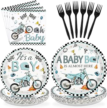 96Pcs Dirt Bike Baby Shower Party Decorations A Baby Boy Is Almost Here Plates and Napkins Blue Watercolor Motorbike Decorations Favors for Boys Motocross Baby Shower Birthday Party Supplies Serves 24