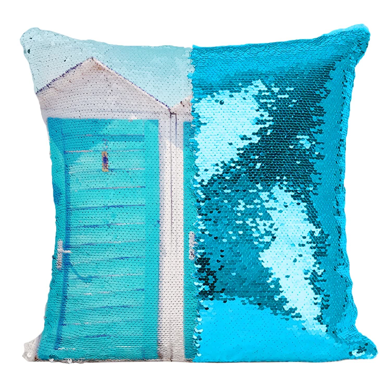 Coussin paillettes turquoise a motif cabines de plage blanches et bleu mer