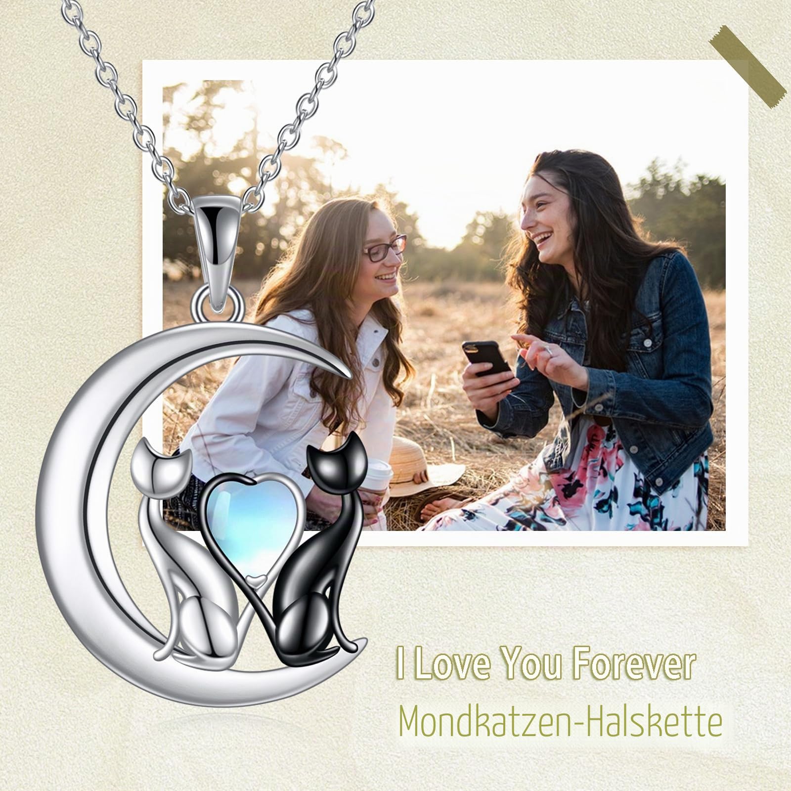 YAFEINI Katze Kette für Damen 925 Sterling Silber Mond Katze Anhänger Halskette für Mädchen Mondstein Katze Schmuck Geschenk