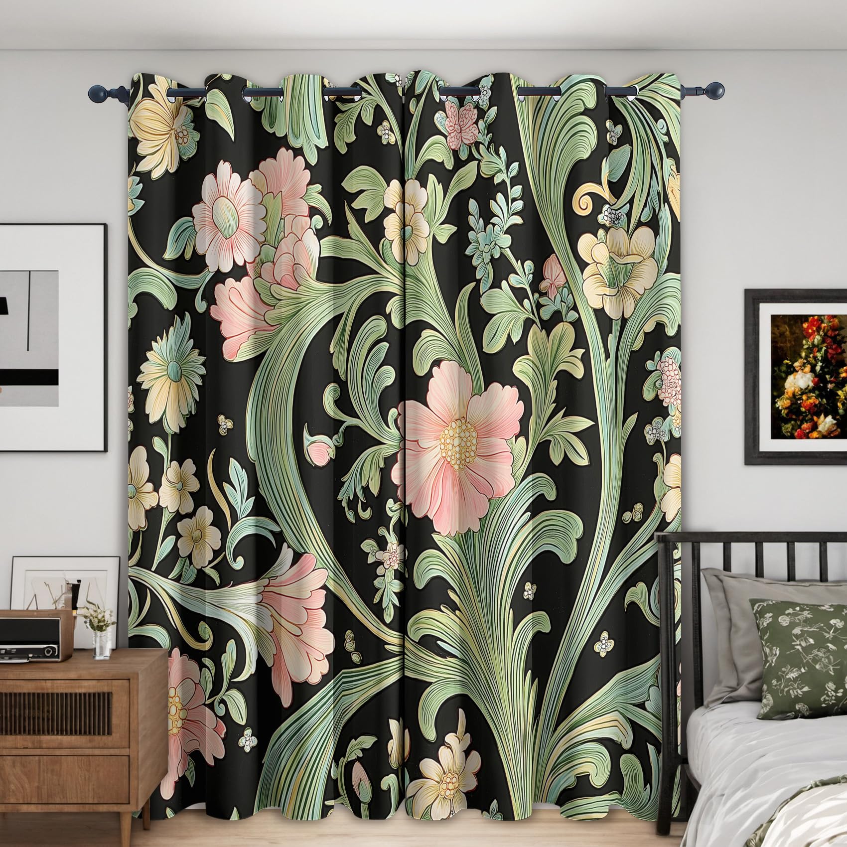 Art Nouveau Flower Curtains Blackout, 46x54 Inch 2 Panels - Vinatge Floral Pattern Black Out Curtains, Home Decor, 54 Drop Eyelet Window Drapes for Bedroom, Living Room KA235