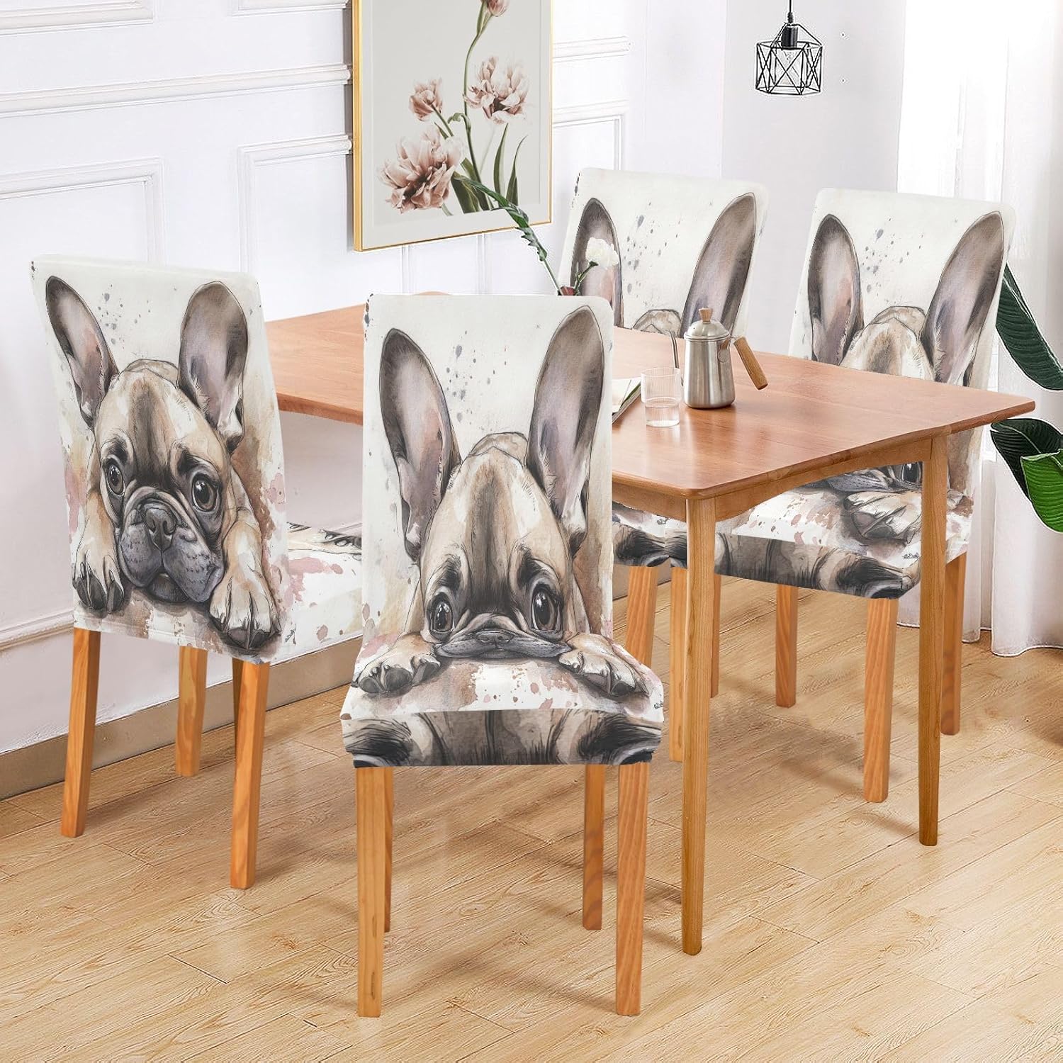 ALAZA Chair Covers for Dining Room, Watercolor French Bulldog Playing Stretch Chair Cover Sets Chair Protector Removable Washable for Ktichen Restaurant Hotel