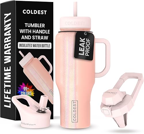 Coldest - Vaso de acero inoxidable y aislamiento térmico, con pajilla y asa, 100% a prueba de derrames y fugas, 3 tapas, unisex, 36 o 40 onzas, rosa
