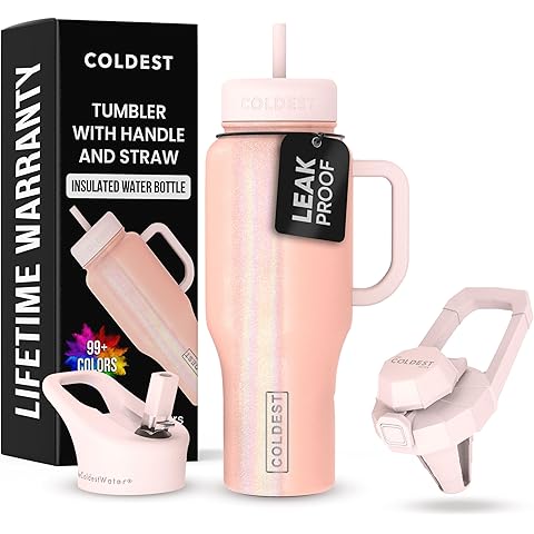 Coldest Tumbler with Handle and Straw - 100% Spill Proof Tumbler with Straw (3 Lids) - Stainless Steel Insulated Leakproof Tumblers for Women & Men - 36 oz (Forever Pink Glitter)