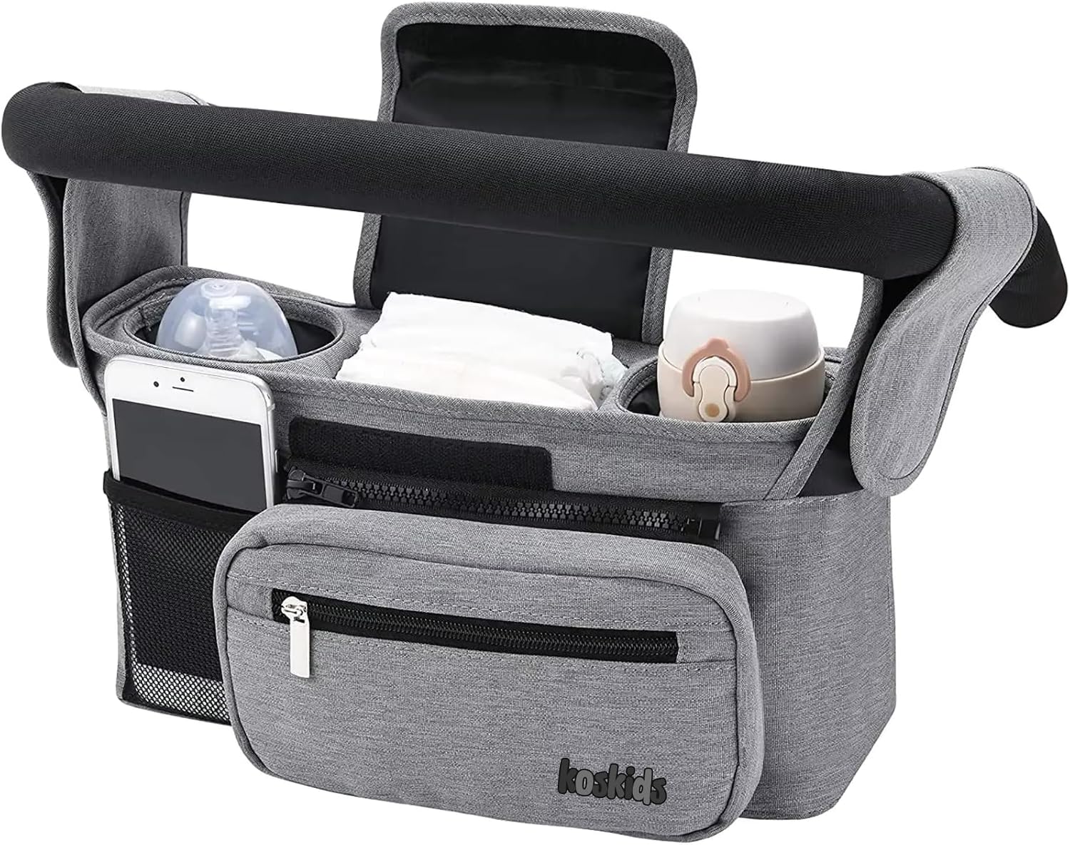 Universal Stroller Organizer with Insulated Cup Holder, Detachable Phone Bag, Shoulder Strap – Fits All Stroller Types, Keeps Drinks Hot/Cold (Black)