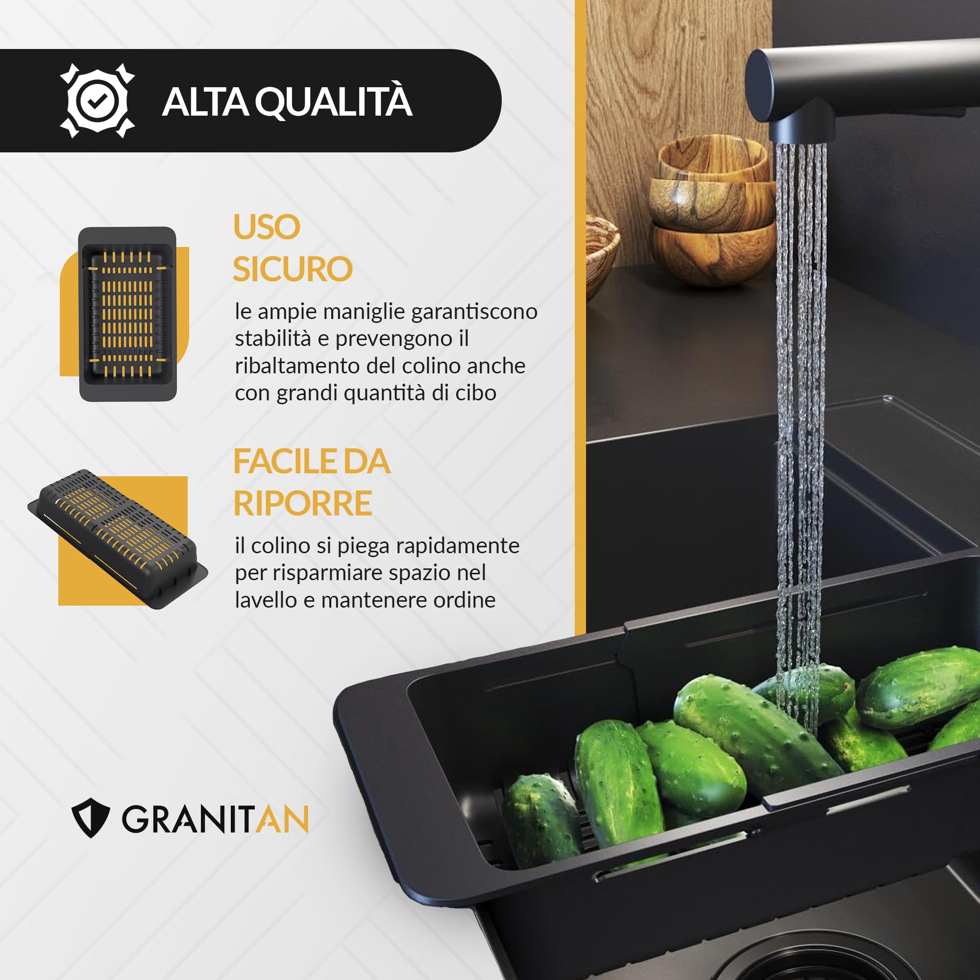 Cestino per Lavandino Cucina per Frutta e Verdura - Regolabile (32-46 cm) Gocciolatoio per Lavello - Scolapasta da Lavello - Nero - Granitan