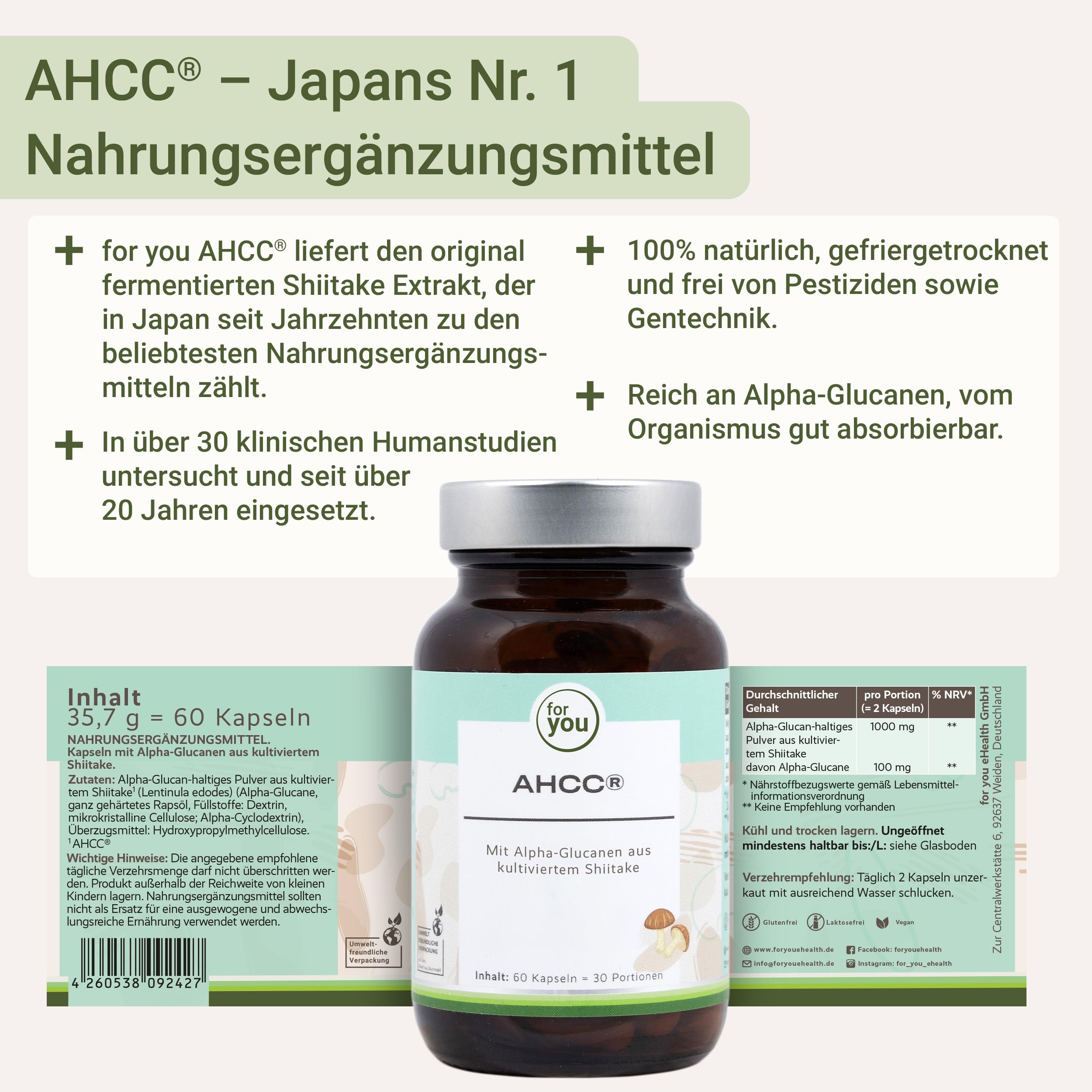for you AHCC Kapseln 60 Stück – kultivierter Extrakt aus Shiitake Pilz mit Alpha-Glucanen | 1.000 mg pro Tagesdosis | fermentierter Pilzextrakt | Nahrungsergänzungsmittel