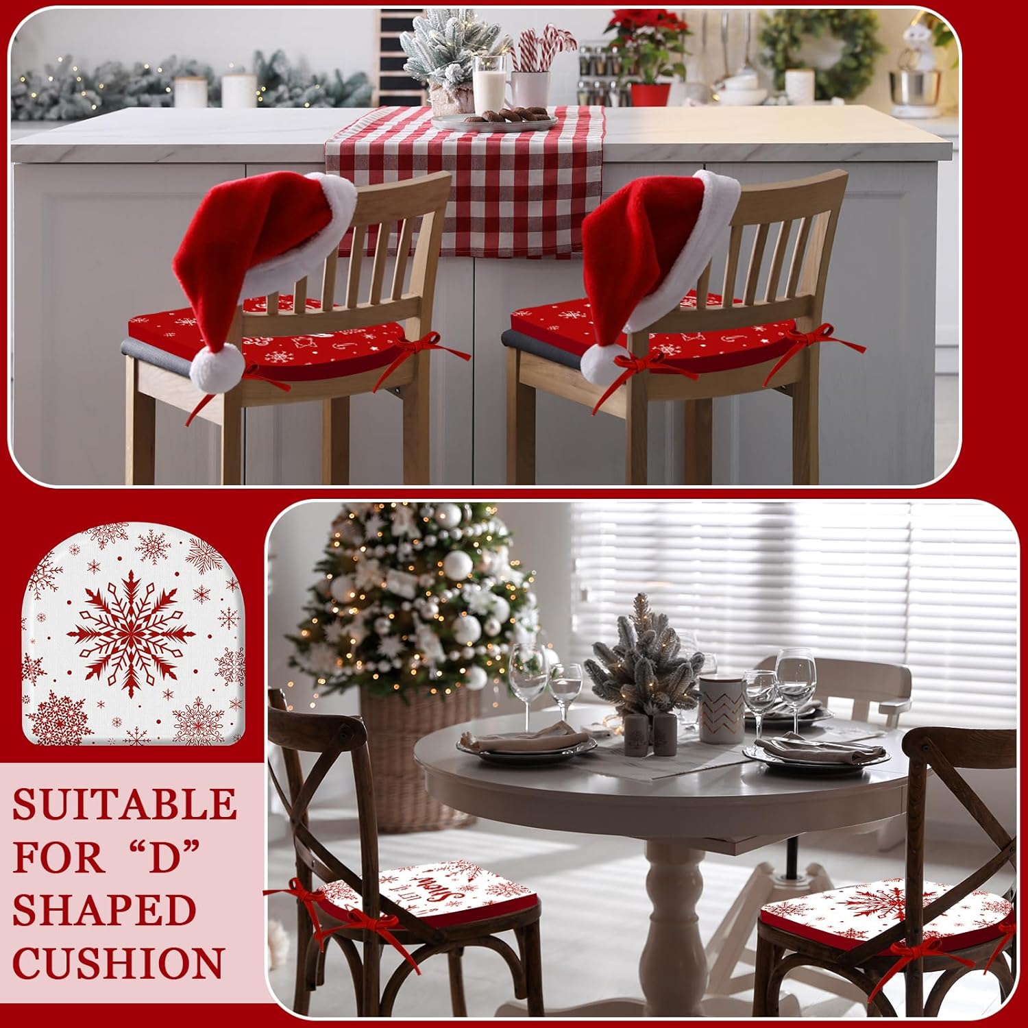Barydat 4 Pcs Christmas Chair Cushion Covers 16 x 17 Inch U Shaped Linen Chair Seat Pads Covers with Ties for Dining Chairs Red and White Cushion Cover for Christmas Holiday Decorations