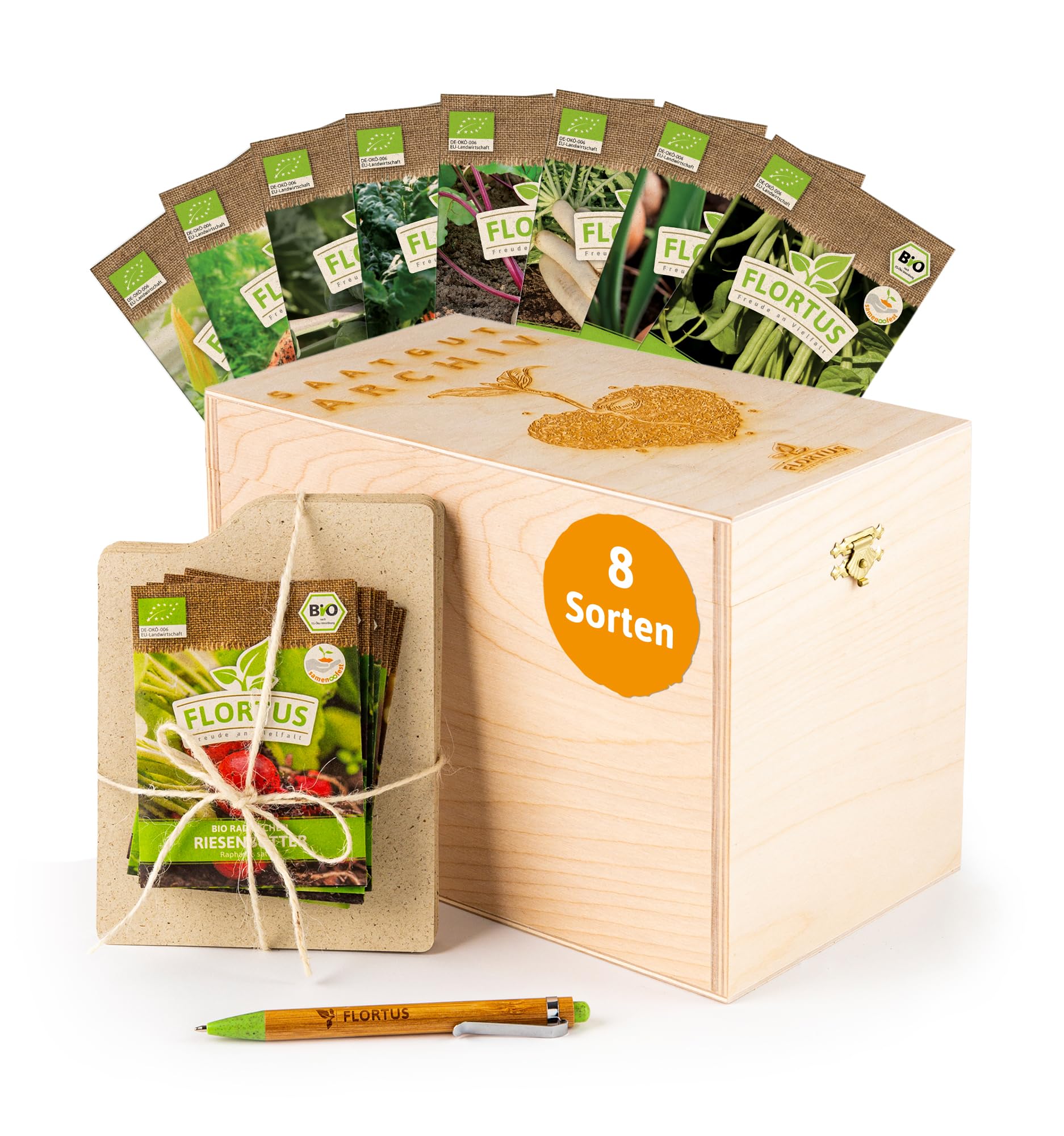 FLORTUS Saatgut Archiv mittelalterliches Gemüse | Samen Set Geschenkbox Holzkiste (8 Sorten) | Geschenkset Aufbewahrungsbox | BIO Gemüsesamen